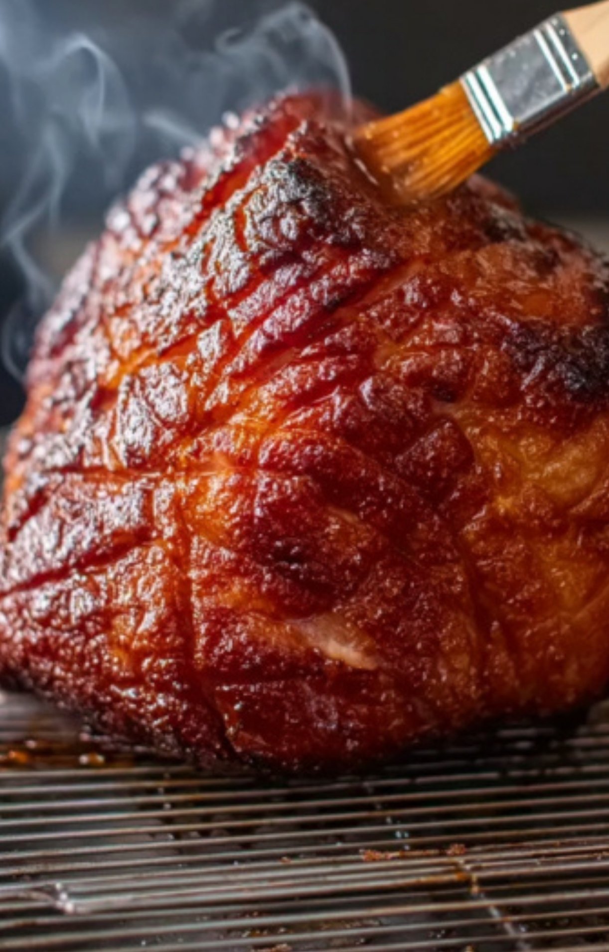 Whole smoked ham on a rack, getting glazed with a brush for even caramelization