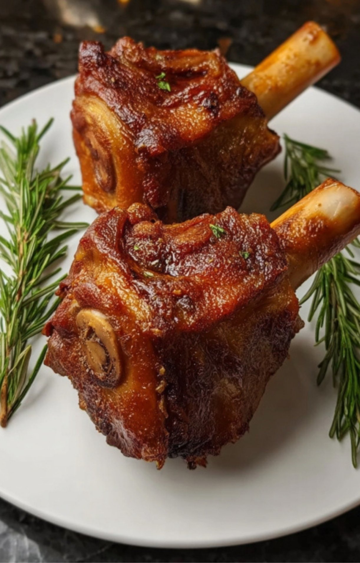 Two perfectly smoked ham hocks with a deep mahogany, crispy skin served on a white plate with fresh rosemary sprigs.
