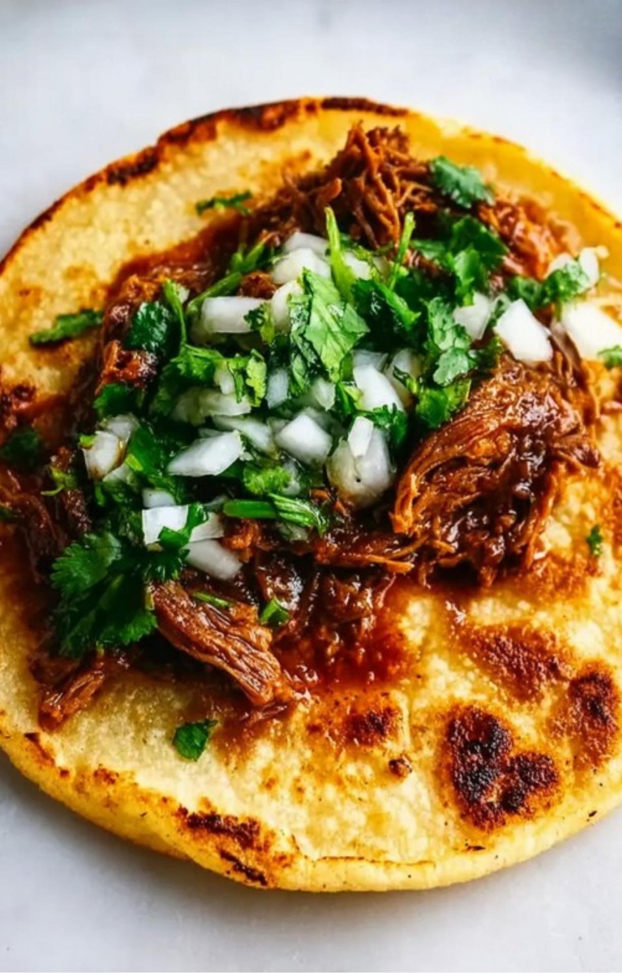 A close-up of a single fried corn tortilla topped with juicy shredded beef, chopped white onions, and fresh green cilantro.