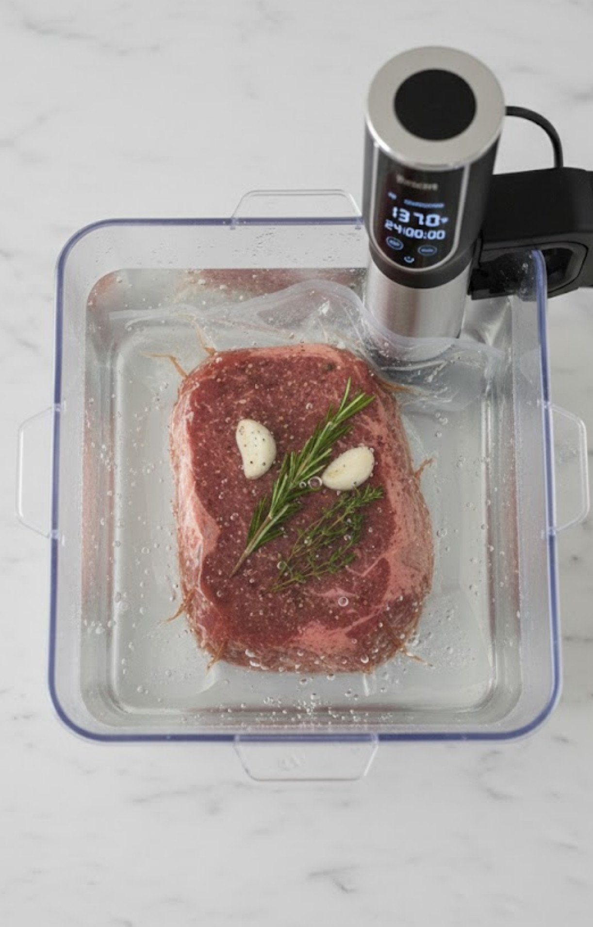 A vacuum-sealed chuck roast with herbs and garlic submerged in a clear sous vide container with an immersion circulator set to 131°F.