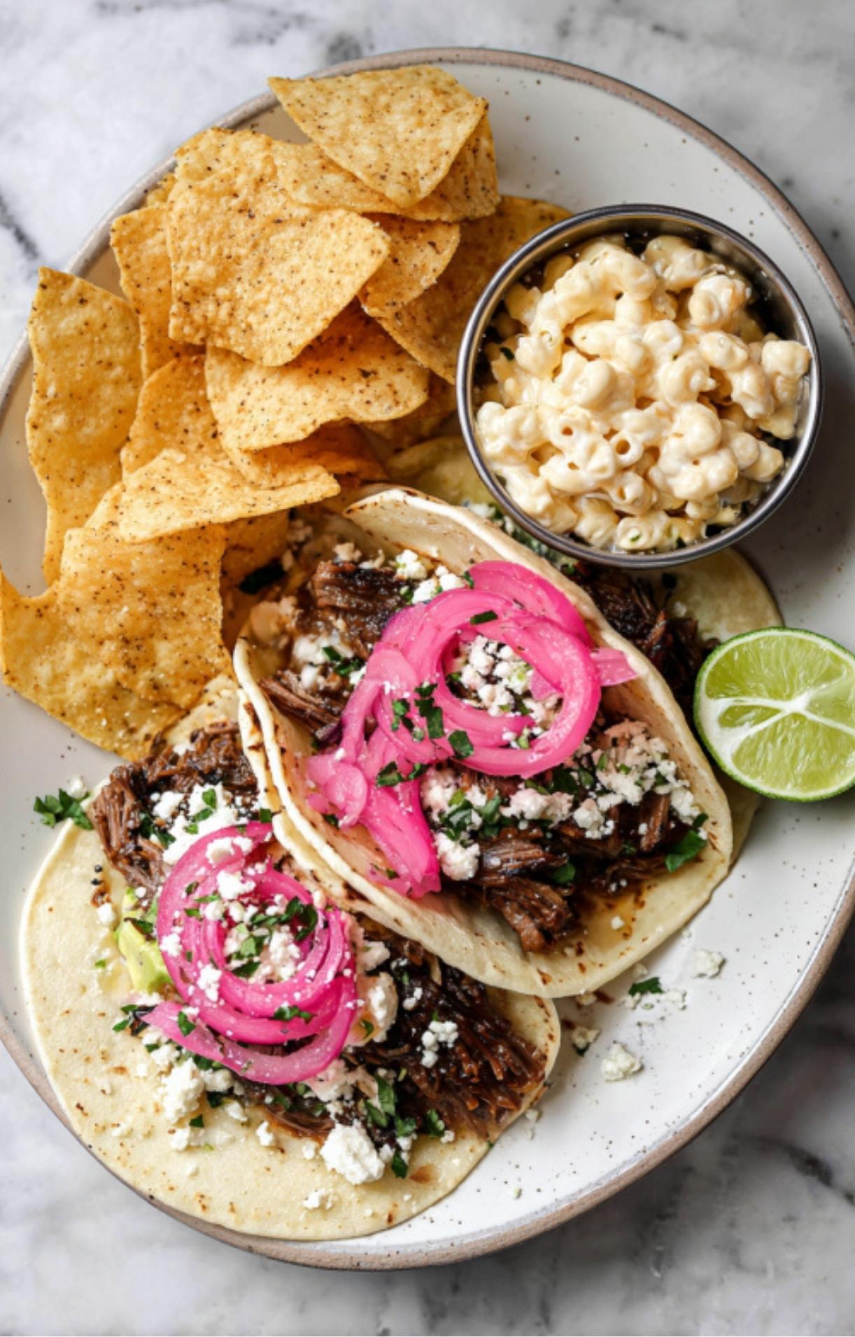 A top-down view of two chuck roast tacos garnished with bright pink pickled onions, served alongside a bowl of macaroni salad and a pile of crunchy tortilla chips.