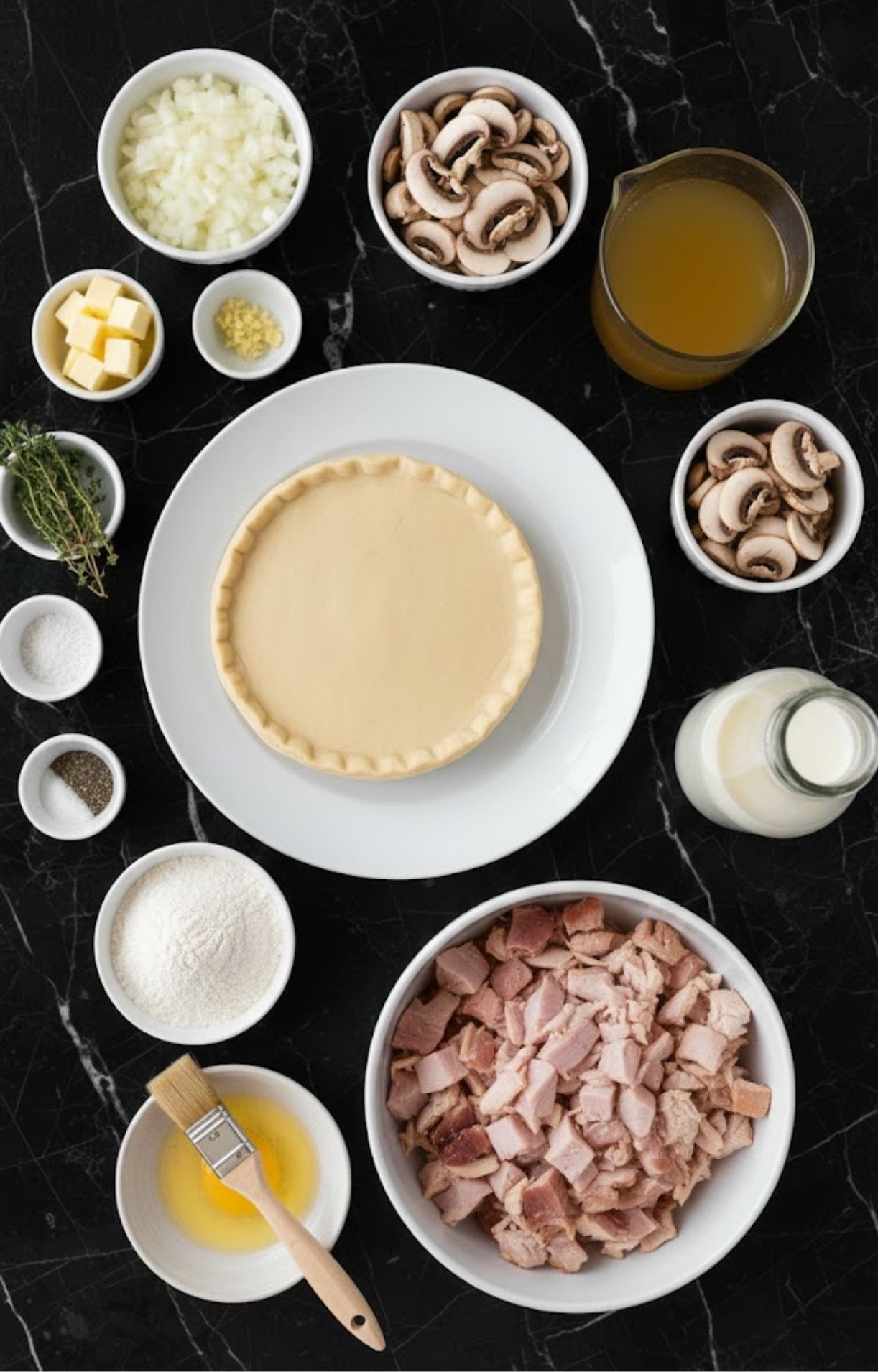 A flat-lay arrangement of bowls containing diced turkey, sliced mushrooms, chopped onions, flour, chicken broth, cream, butter, herbs, and a pre-made pie crust on a black marble surface.