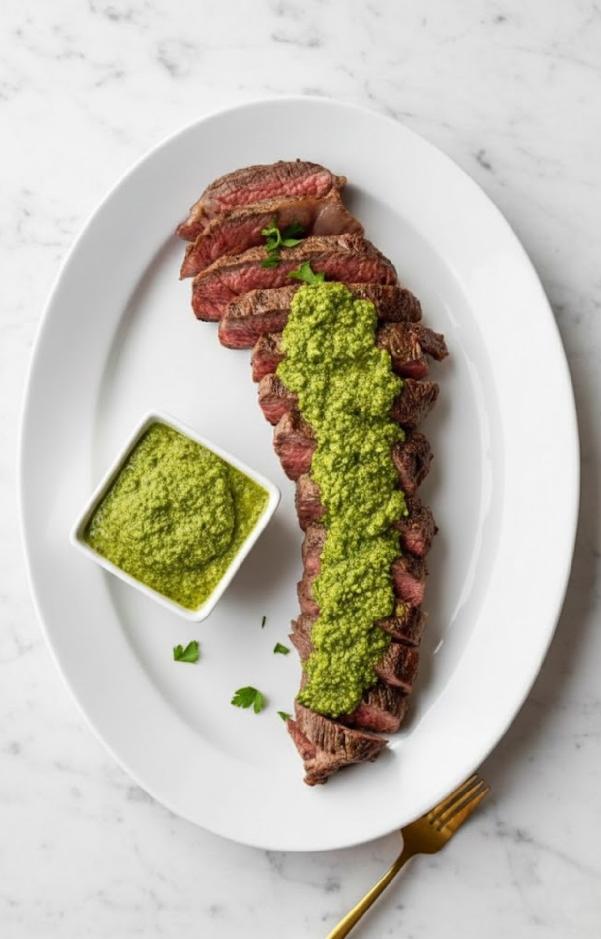 Juicy grilled tri tip steak sliced and topped with green chimichurri sauce on a white oval platter.