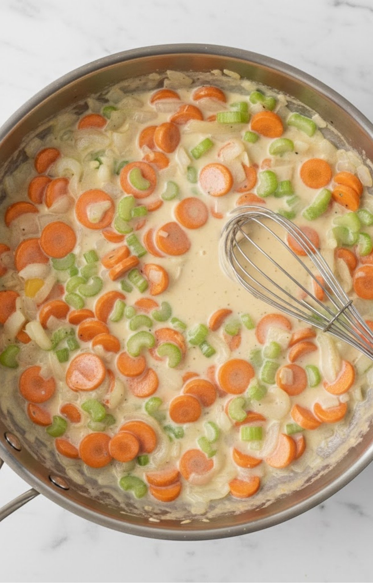 A whisk stirring a creamy, white sauce with carrots and celery in a pan to create the savory filling for a keto turkey pot pie.