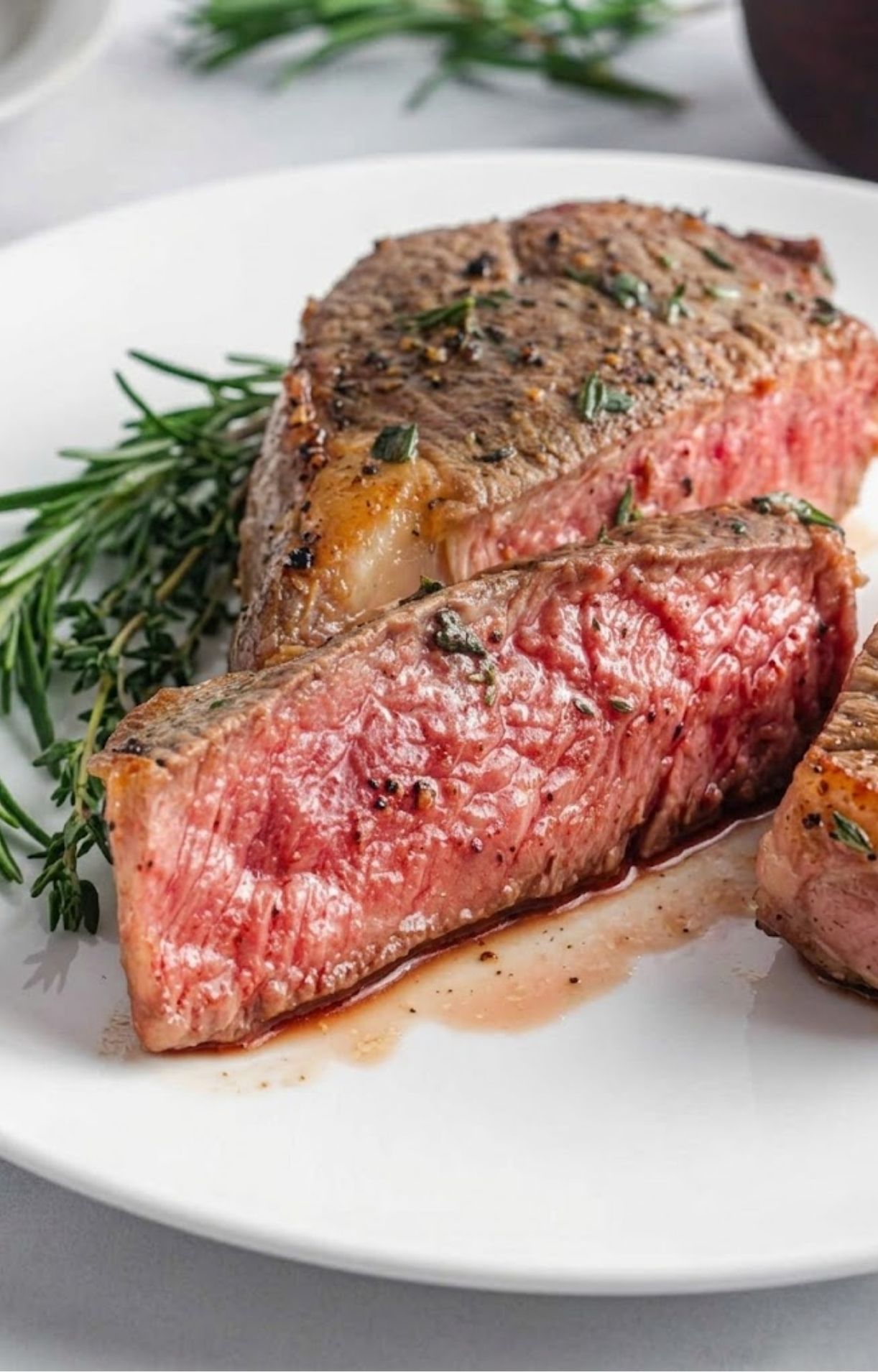 A detailed macro shot of a sliced rib eye steak, highlighting the tender meat fibers, marbling, and savory juices resting on a white plate.