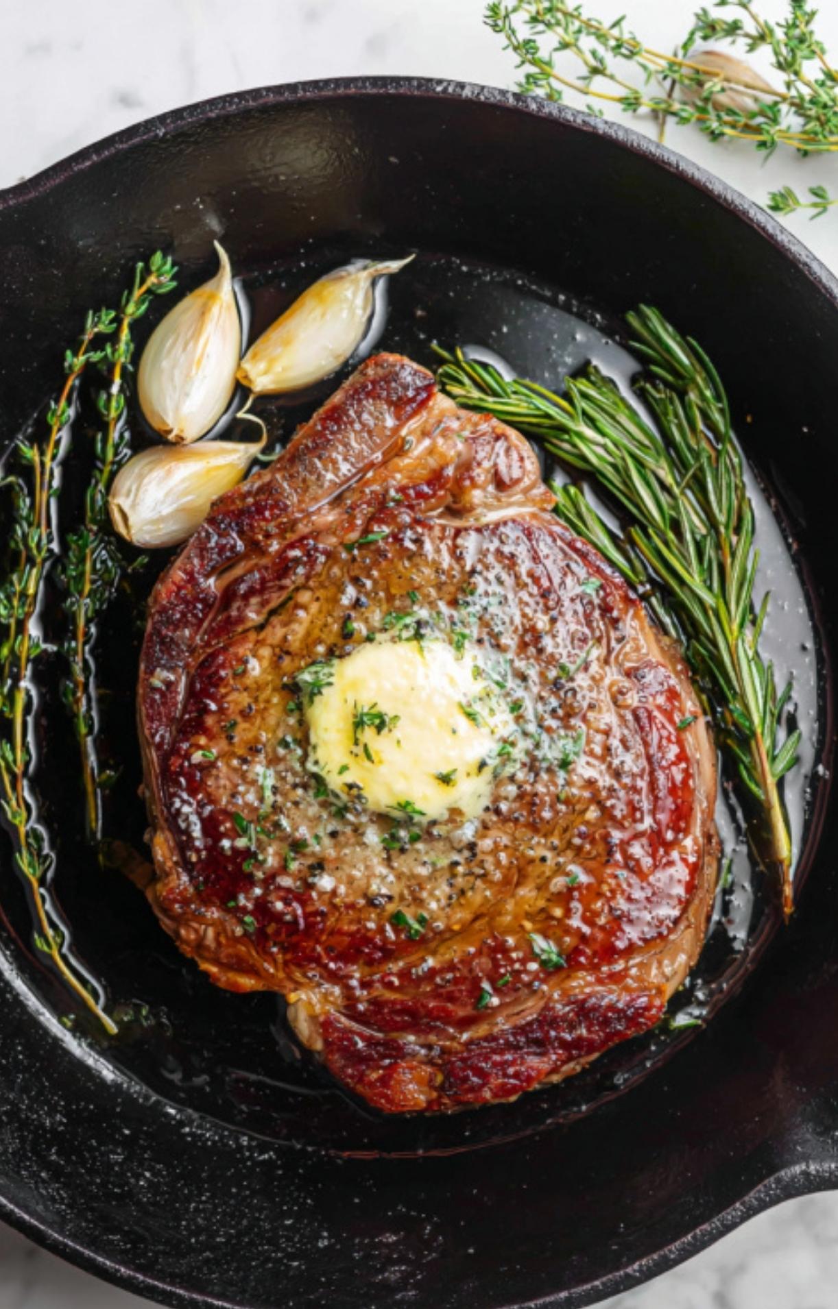 A rib eye steak searing in a cast iron skillet with melting herb butter, whole garlic cloves, and sprigs of fresh rosemary and thyme.