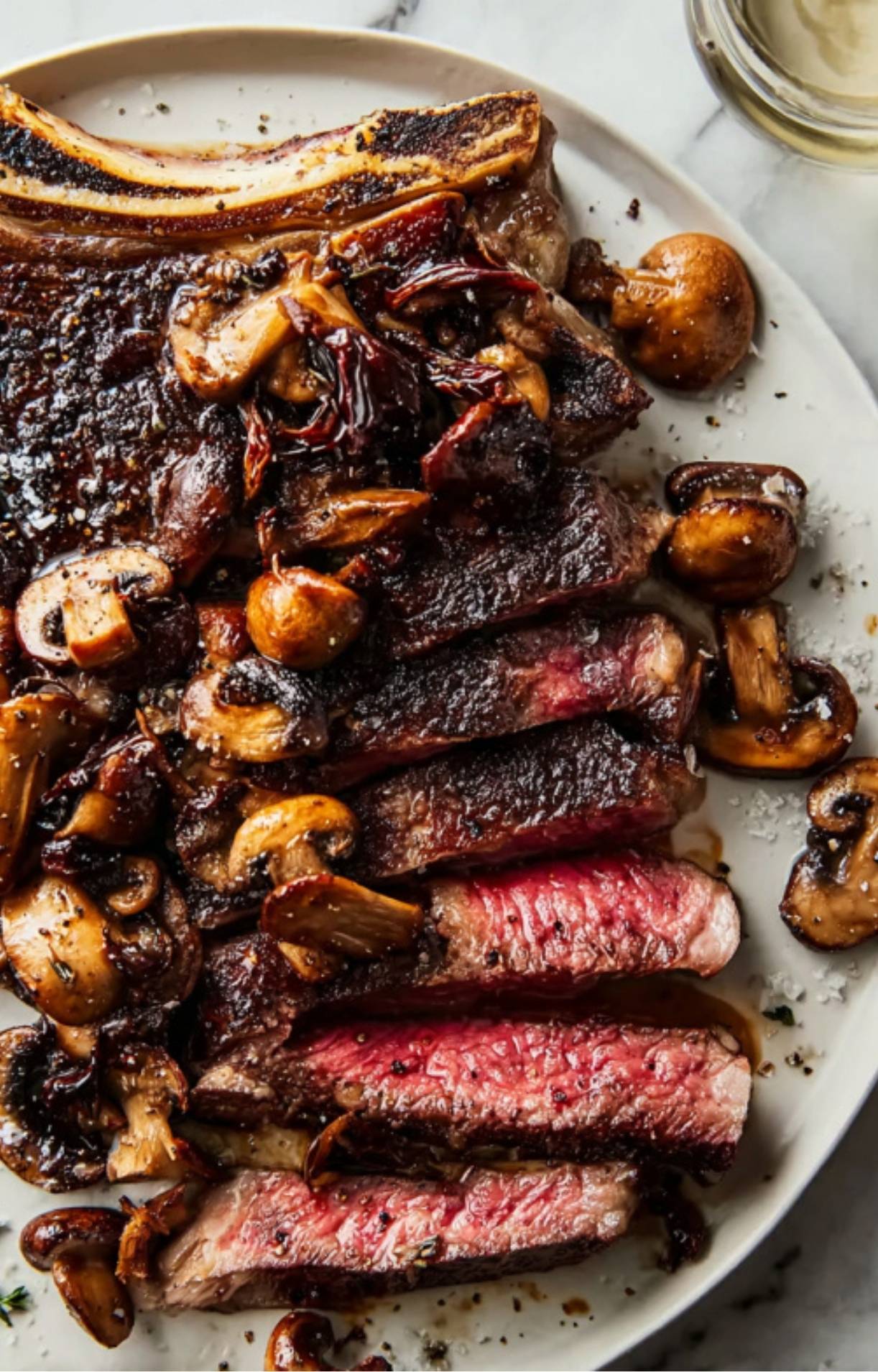 Sliced rib eye steak served on a white plate topped with sautéed buttery mushrooms and fresh thyme.