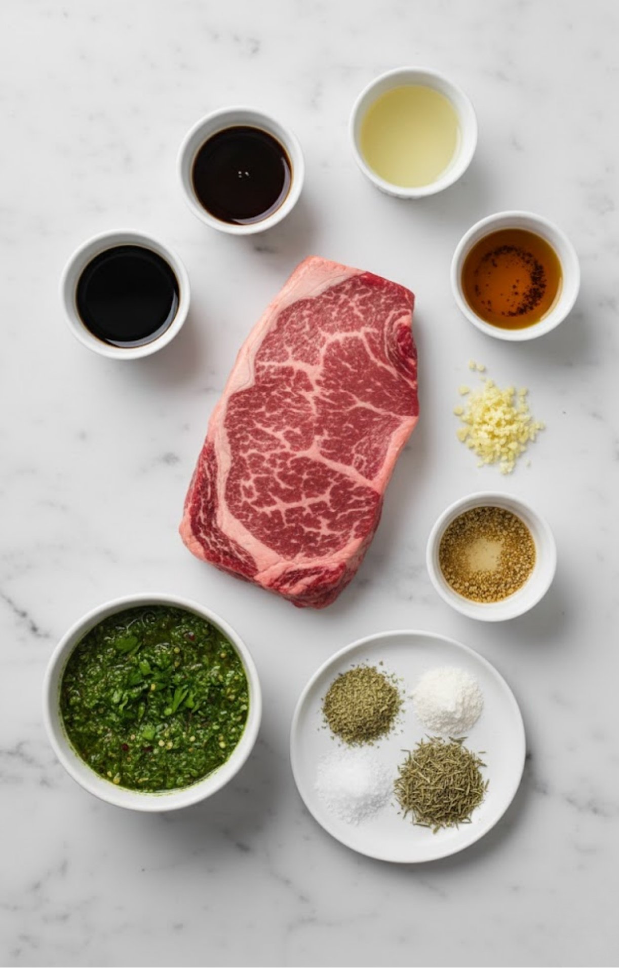 Overhead view of steak, chimichurri, and marinade ingredients arranged on a marble countertop.