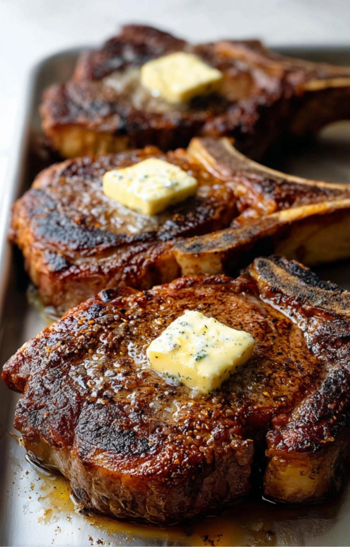 Three perfectly seared bone-in rib eye steaks on a tray, each topped with a melting pat of herb-flecked compound butter.