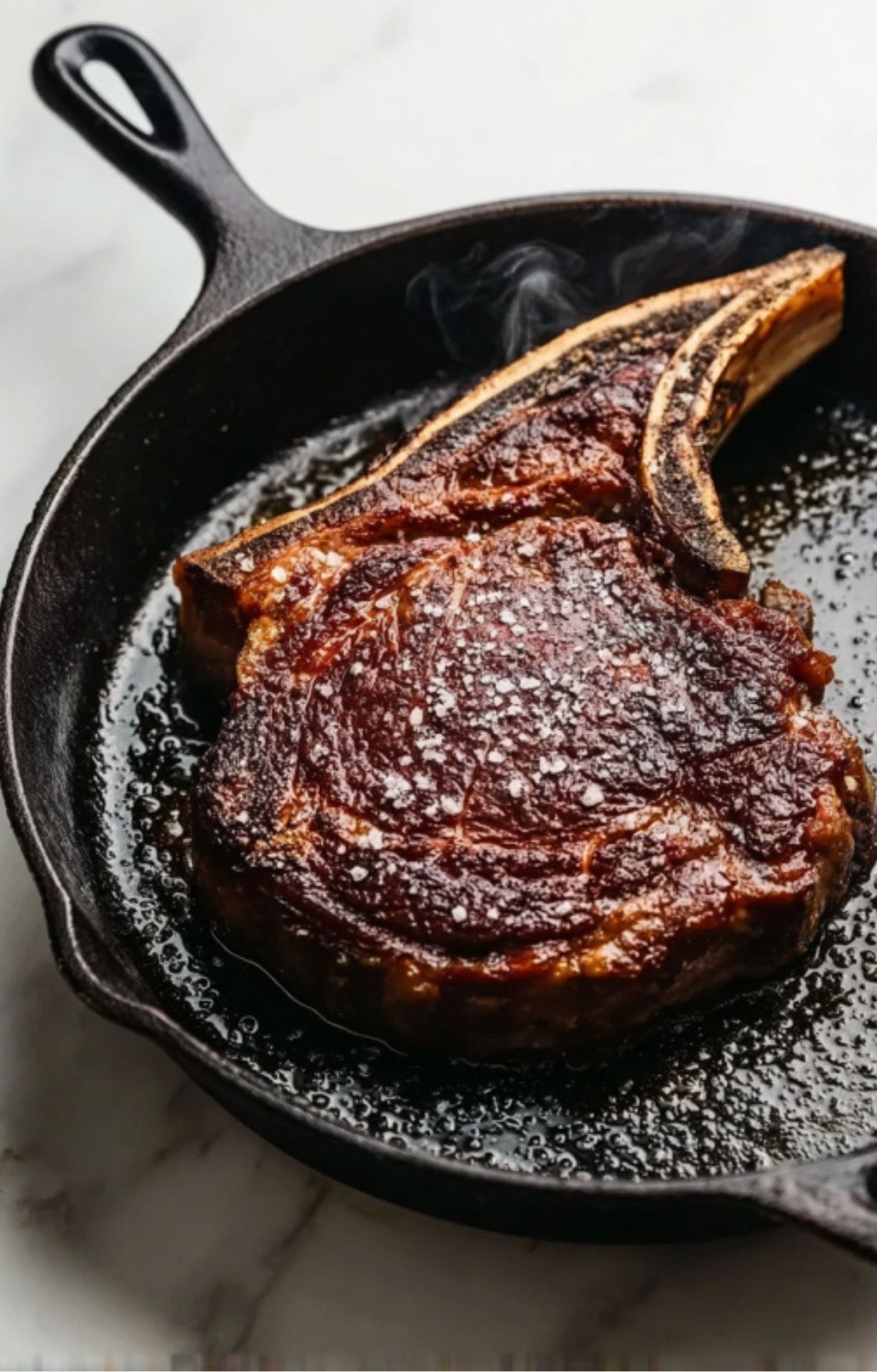 A thick bone-in rib eye steak searing in a hot cast iron skillet with steam rising, demonstrating how to lock in flavor and rib eye steak nutrition during cooking.