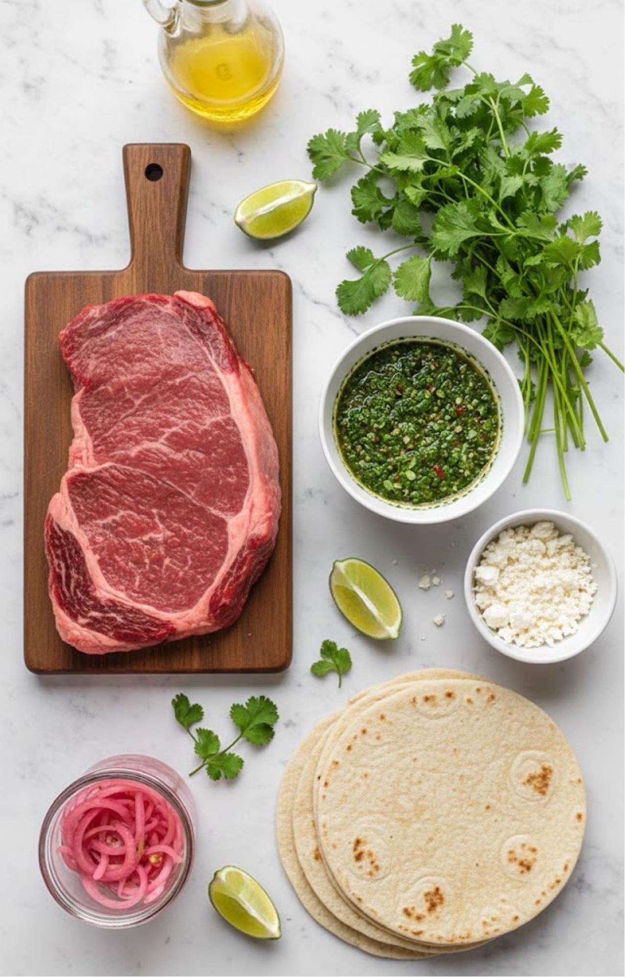 Flat lay of steak, chimichurri, tortillas, cotija cheese, pickled onions, lime wedges, olive oil, and fresh cilantro on a marble background.