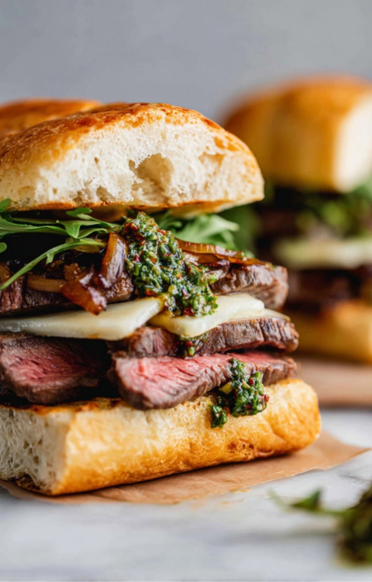 A detailed side-view of a Rib Eye Steak Sandwich highlighting the layers of seared steak, melted cheese, and golden caramelized onions topped with herb sauce.