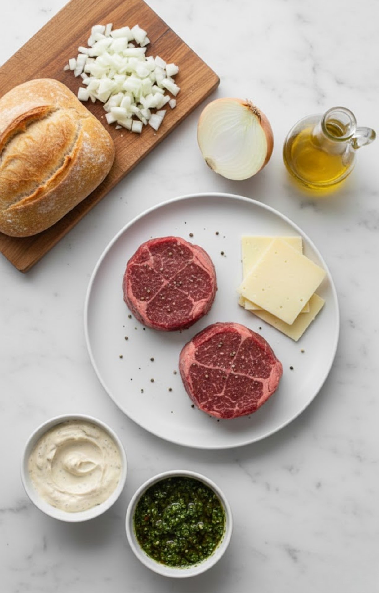 All the ingredients for steak sandwiches on a marble countertop: filet steaks, ciabatta, onions, provolone cheese, horseradish aioli, and chimichurri.