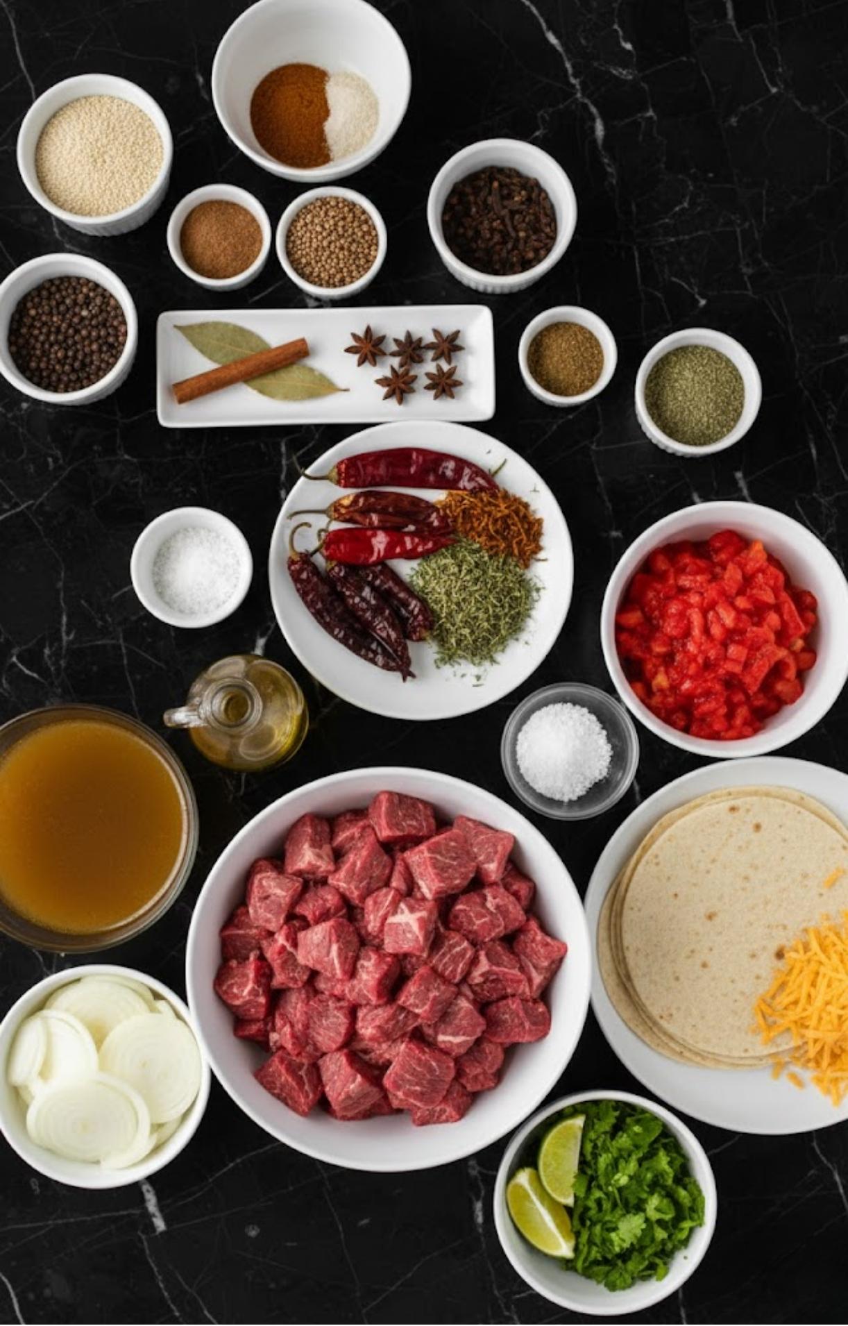 A flat lay of various ingredients on a black marble surface, including cubed raw beef, corn tortillas, shredded cheese, diced tomatoes, sliced onions, lime wedges, cilantro, beef broth, dried chilies, and a variety of whole and ground spices in small white bowls.