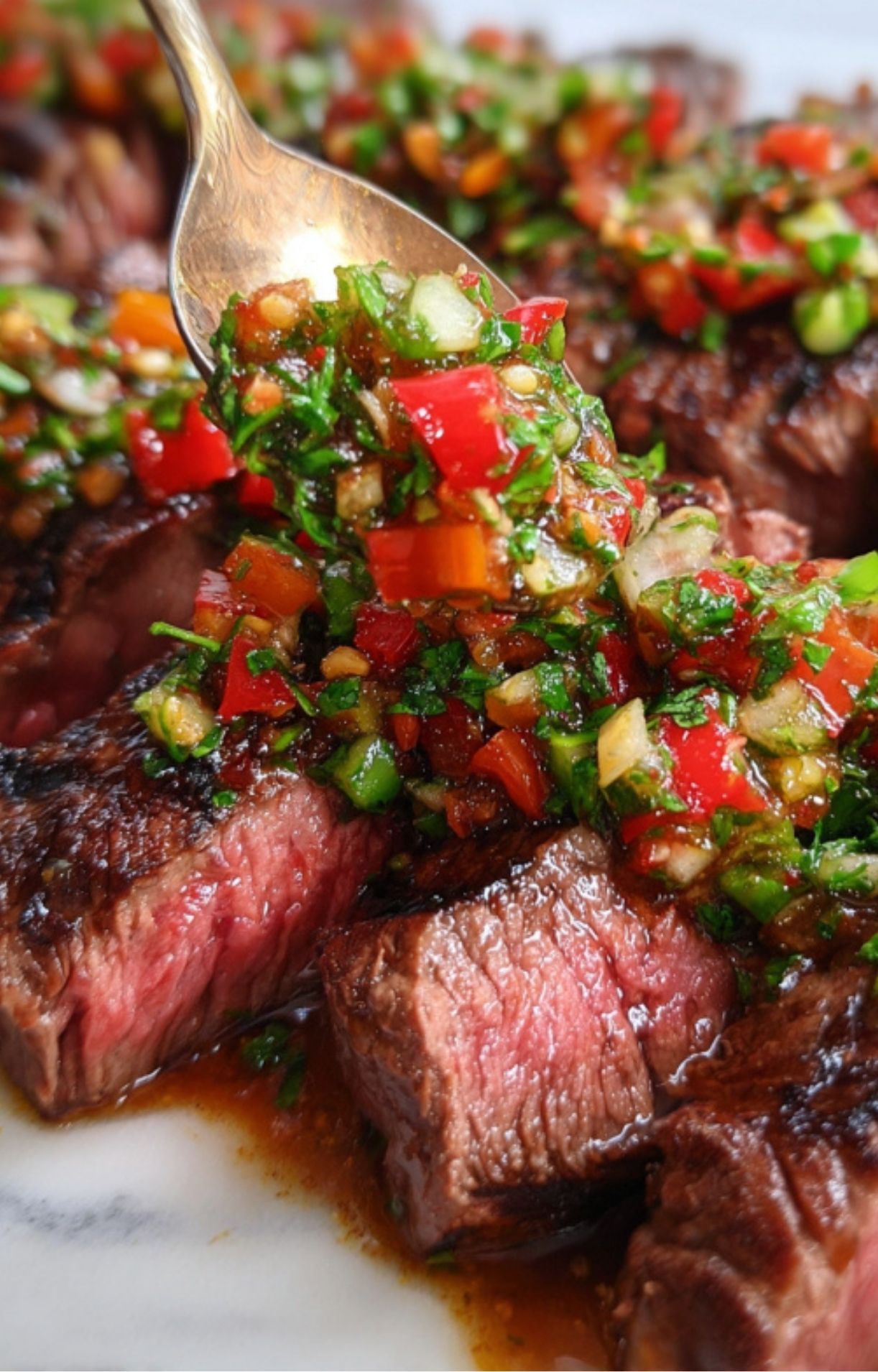 Close-up of juicy grilled bavette steak with a spoonful of bright, chunky chimichurri sauce made with red peppers, herbs, and garlic on top.
