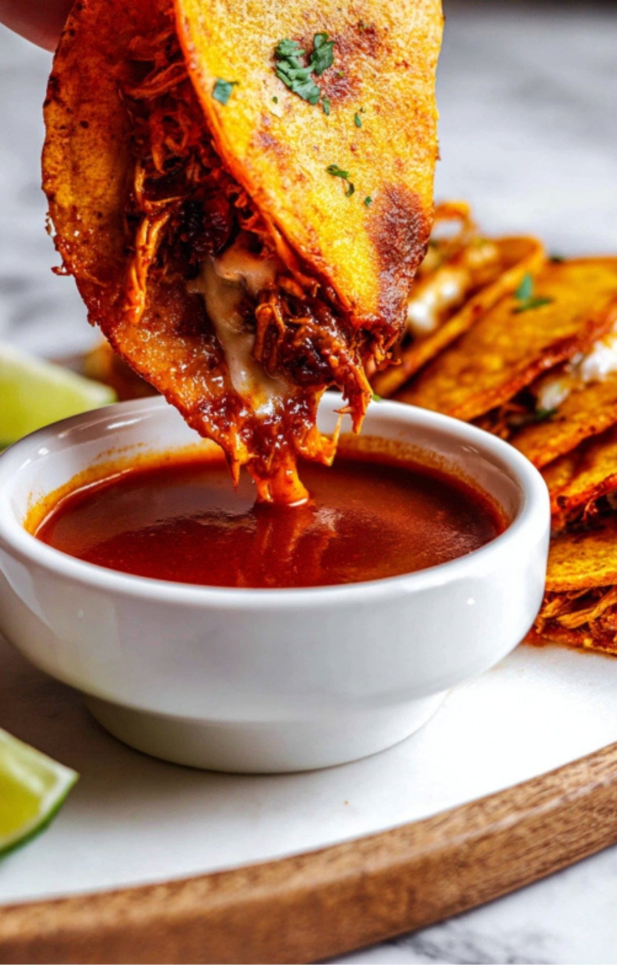 A hand holding a cheesy chicken birria taco as it is dipped into a white bowl filled with warm, savory red consomé.