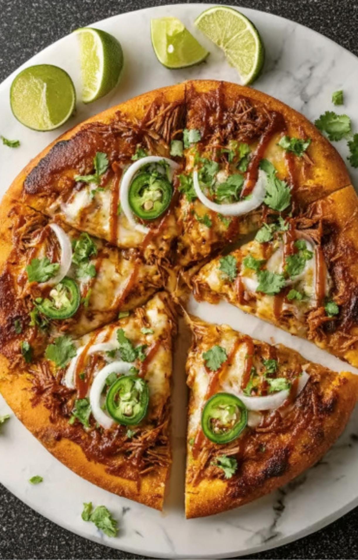 A top-down view of a fully sliced Birria Taco Pizza on a marble surface, topped with jalapeños, onions, cilantro, and a drizzle of sauce, served with lime wedges.