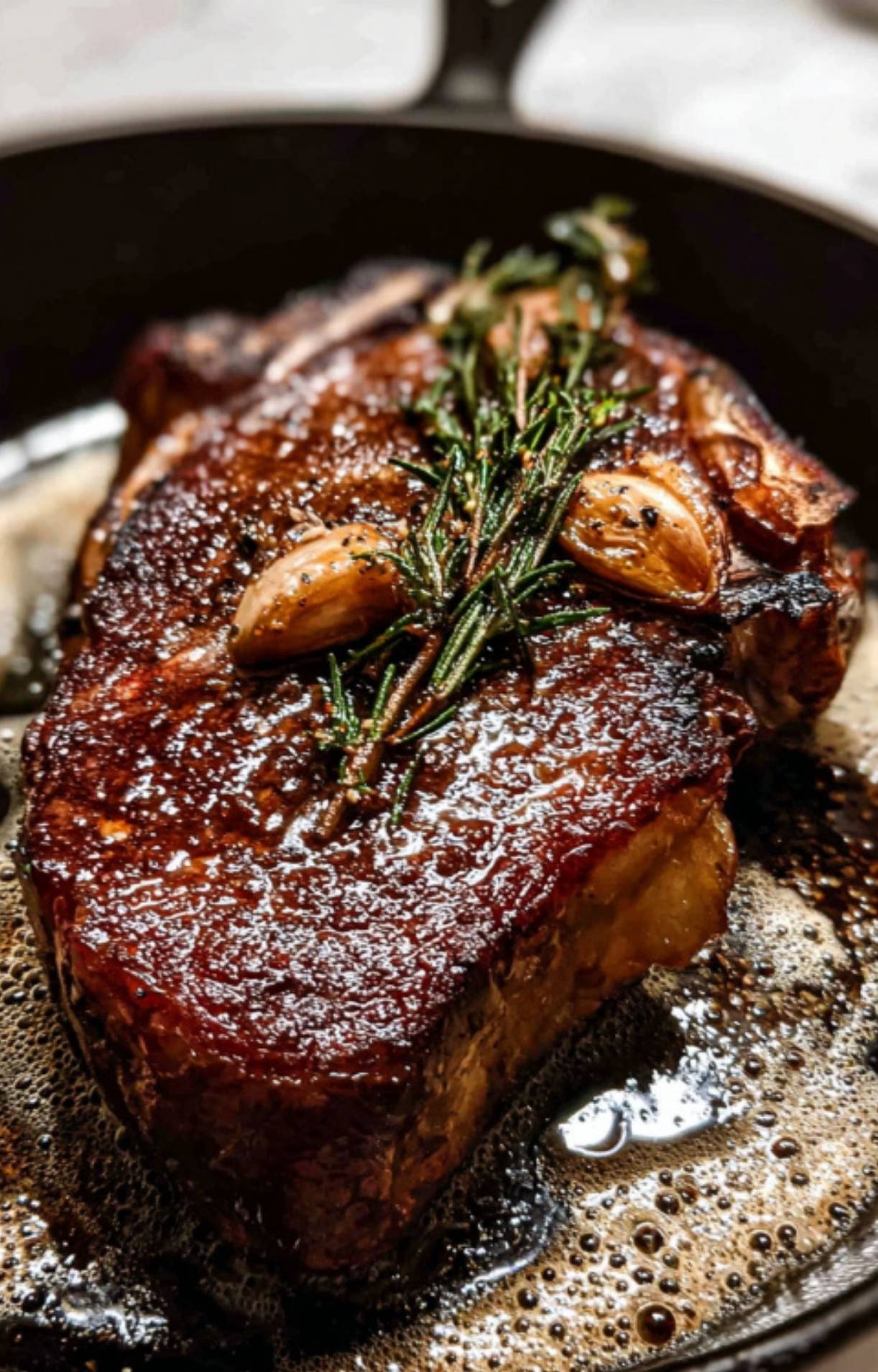 A thick dry aged rib eye steak searing in a hot skillet with foaming butter, crushed garlic cloves, and a sprig of fresh rosemary to develop a deep brown crust.