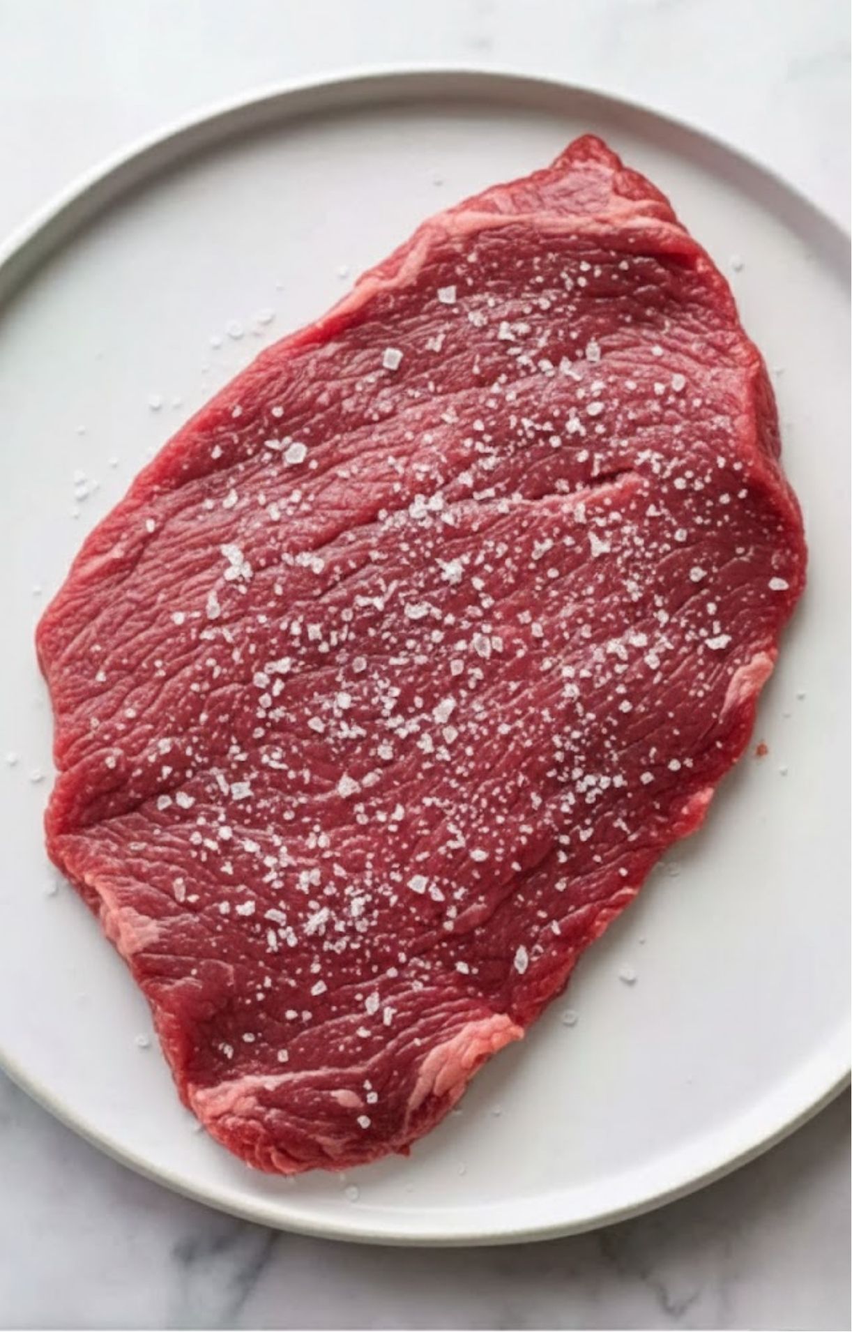 Raw flank steak sprinkled with coarse salt on a white plate, prepped for grilling or searing.