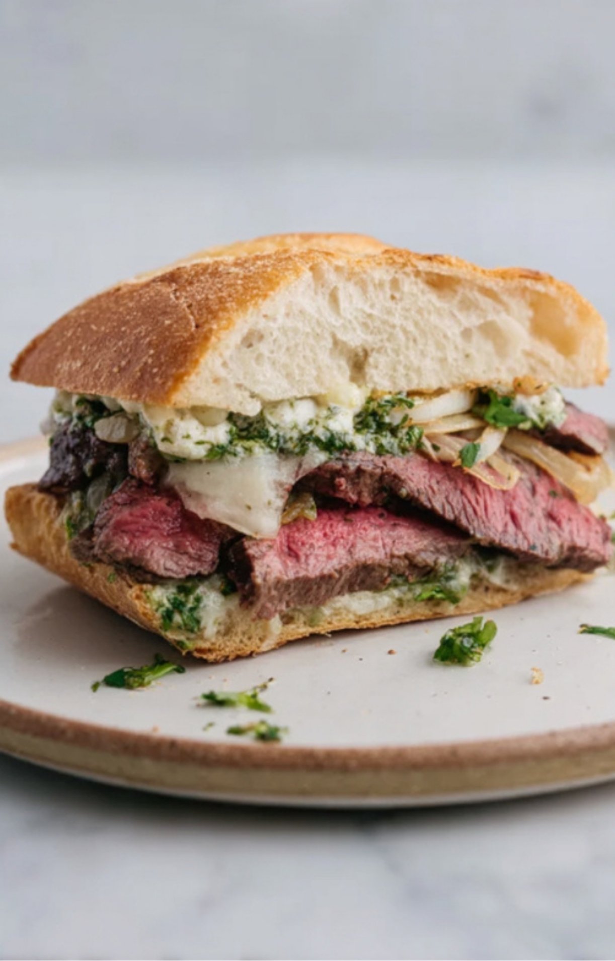 A side view of a steak sandwich on a plate, stacked with grilled steak, provolone cheese, fried onions, and chimichurri.
