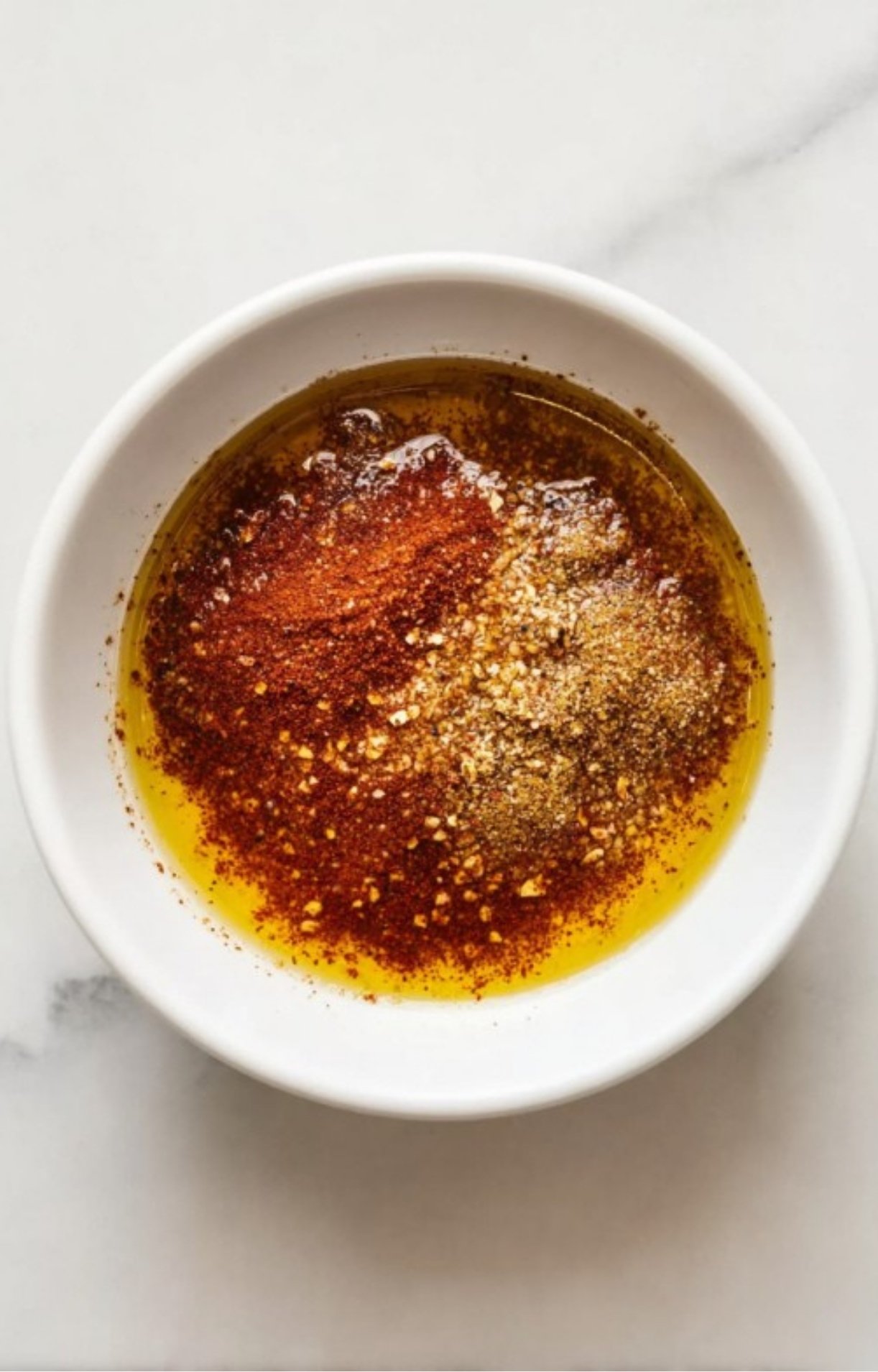 Small white bowl with olive oil, paprika, garlic powder, and spices ready to be mixed for cauliflower steaks on a white marble countertop.