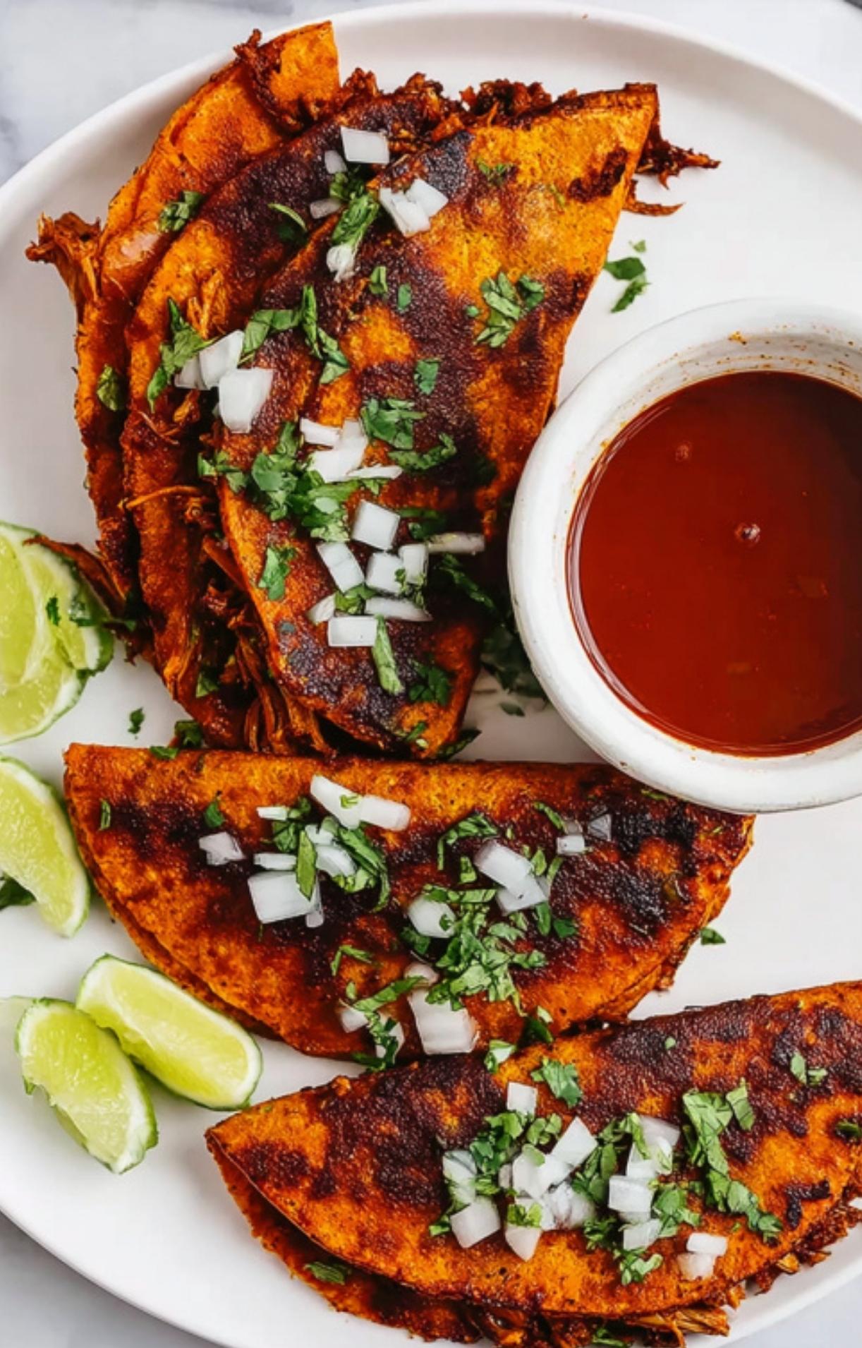 A close-up overhead shot of four pan-fried tacos topped with diced white onions and fresh cilantro, served with lime wedges and dipping sauce.
