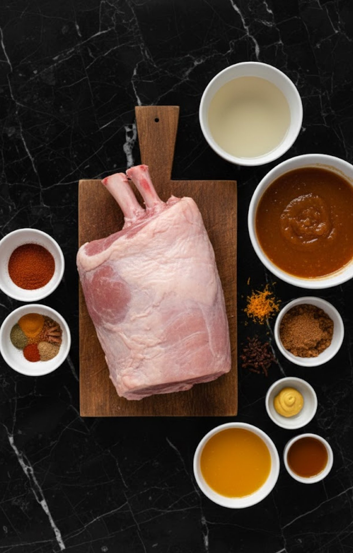 Bone-in ham and spice blend with glaze and juice on a black background