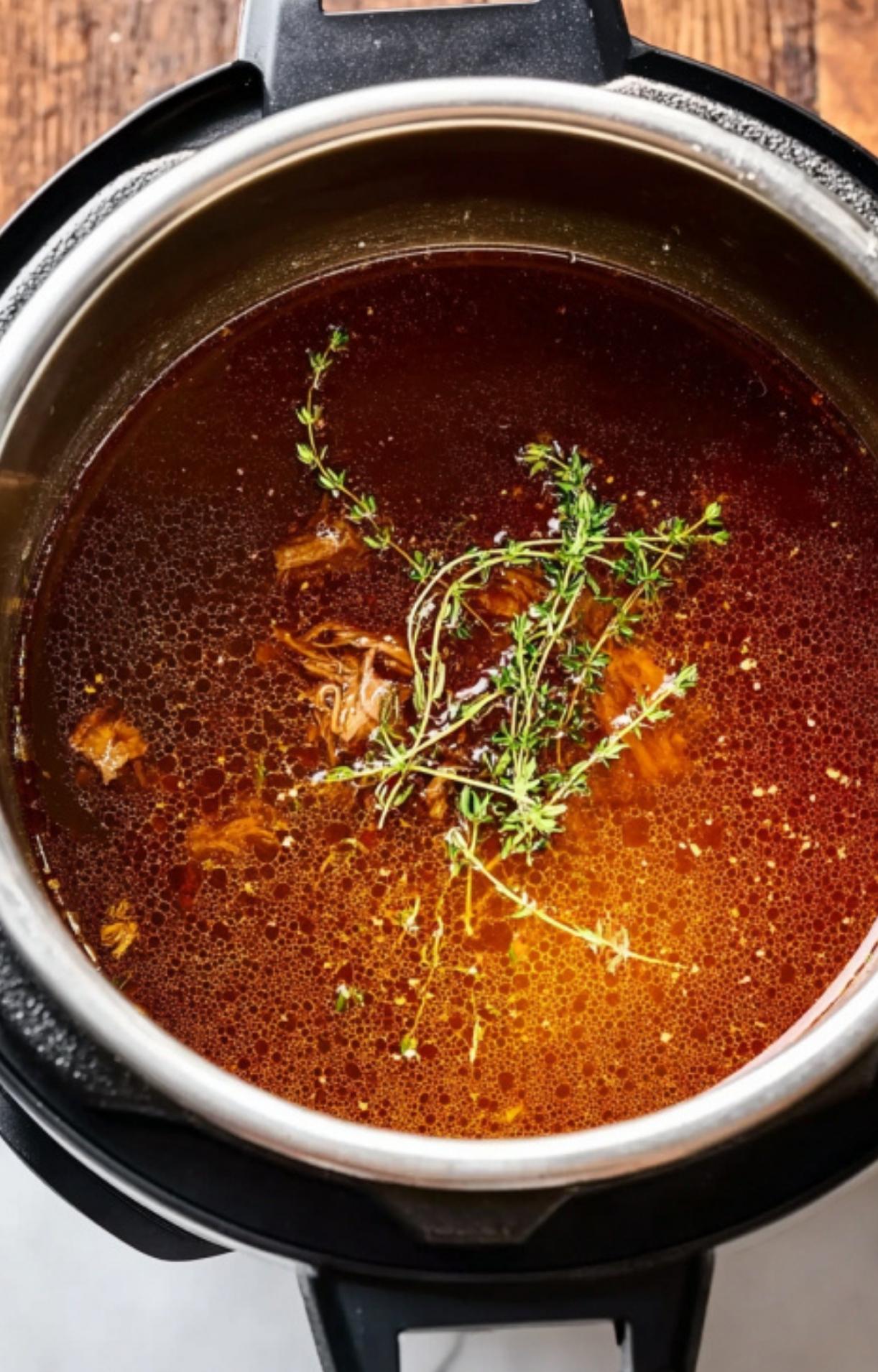 The beef submerged in a deep red consommé with fresh sprigs of thyme on top, ready for the pressure cooking process in the Instant Pot.