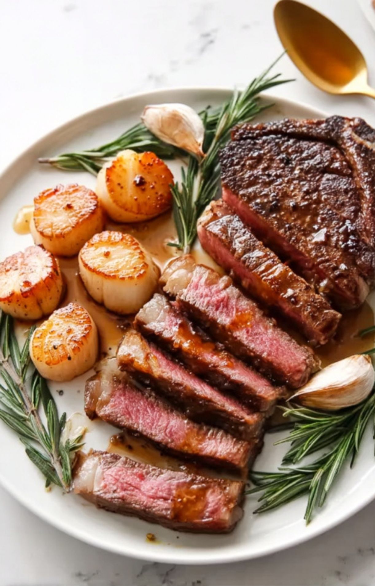 Elegantly plated slices of juicy dry aged rib eye steak drizzled with pan sauce, accompanied by seared scallops, roasted garlic, and fresh rosemary.
