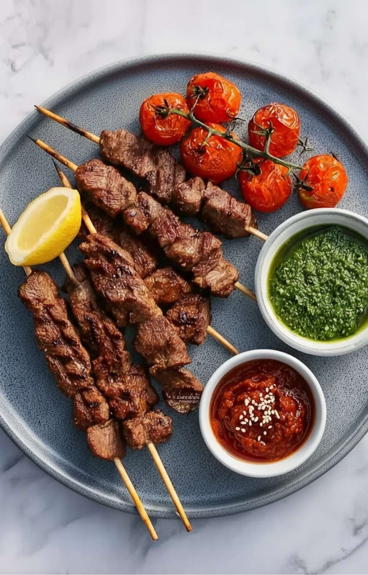 Plate of grilled steak skewers with roasted cherry tomatoes on the vine, a lemon wedge, green chimichurri sauce, and red dipping sauce.