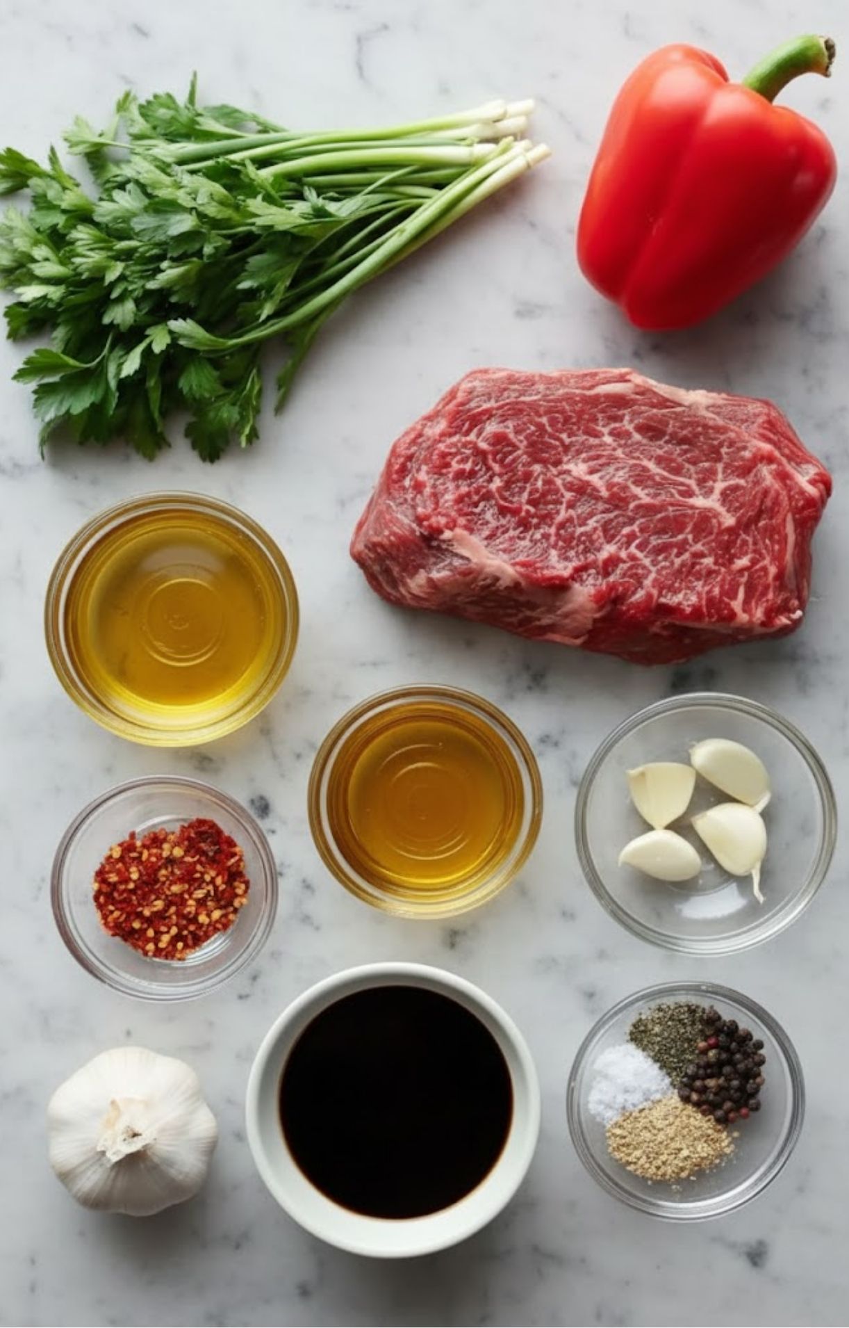 Flat-lay of ingredients for grilled bavette steak and chimichurri: fresh parsley, red bell pepper, steak, garlic, spices, oil, and vinegar.