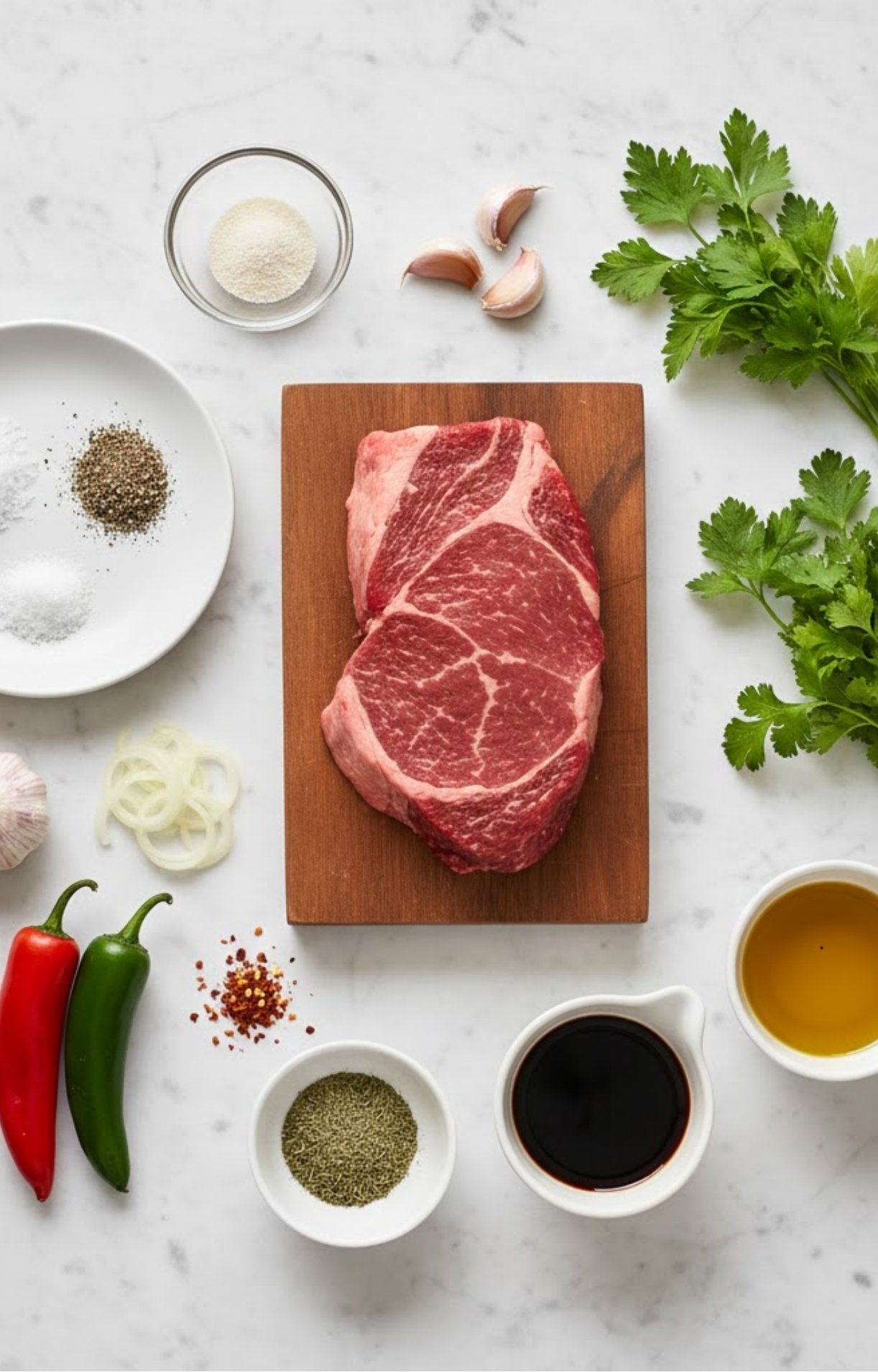 Flat lay of raw tri tip steak, fresh parsley, garlic, peppers, olive oil, soy sauce, and seasonings on a marble counter.