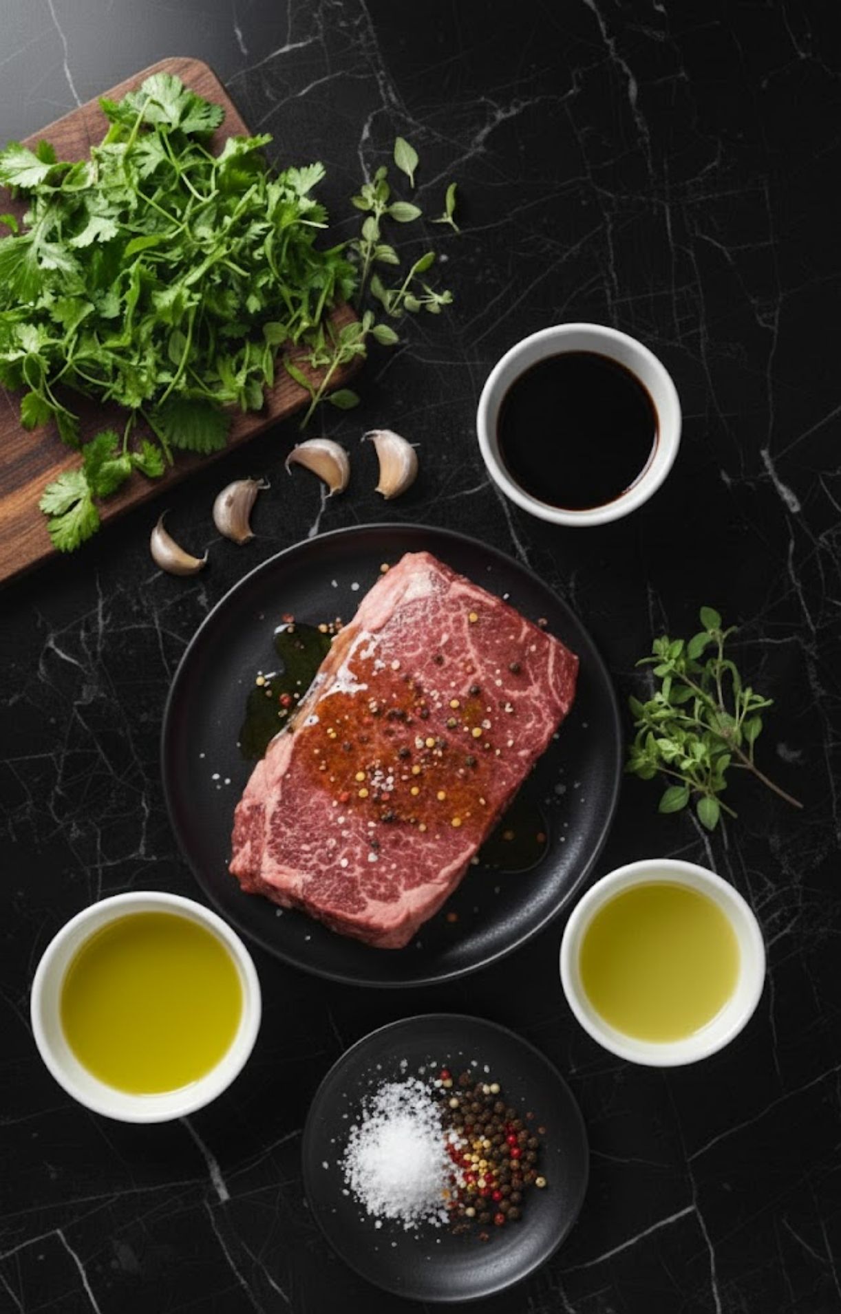 Ingredients for authentic skirt steak: raw steak, cilantro, garlic, olive oil, seasonings. Perfect for easy meal prep and healthy summer grilling.