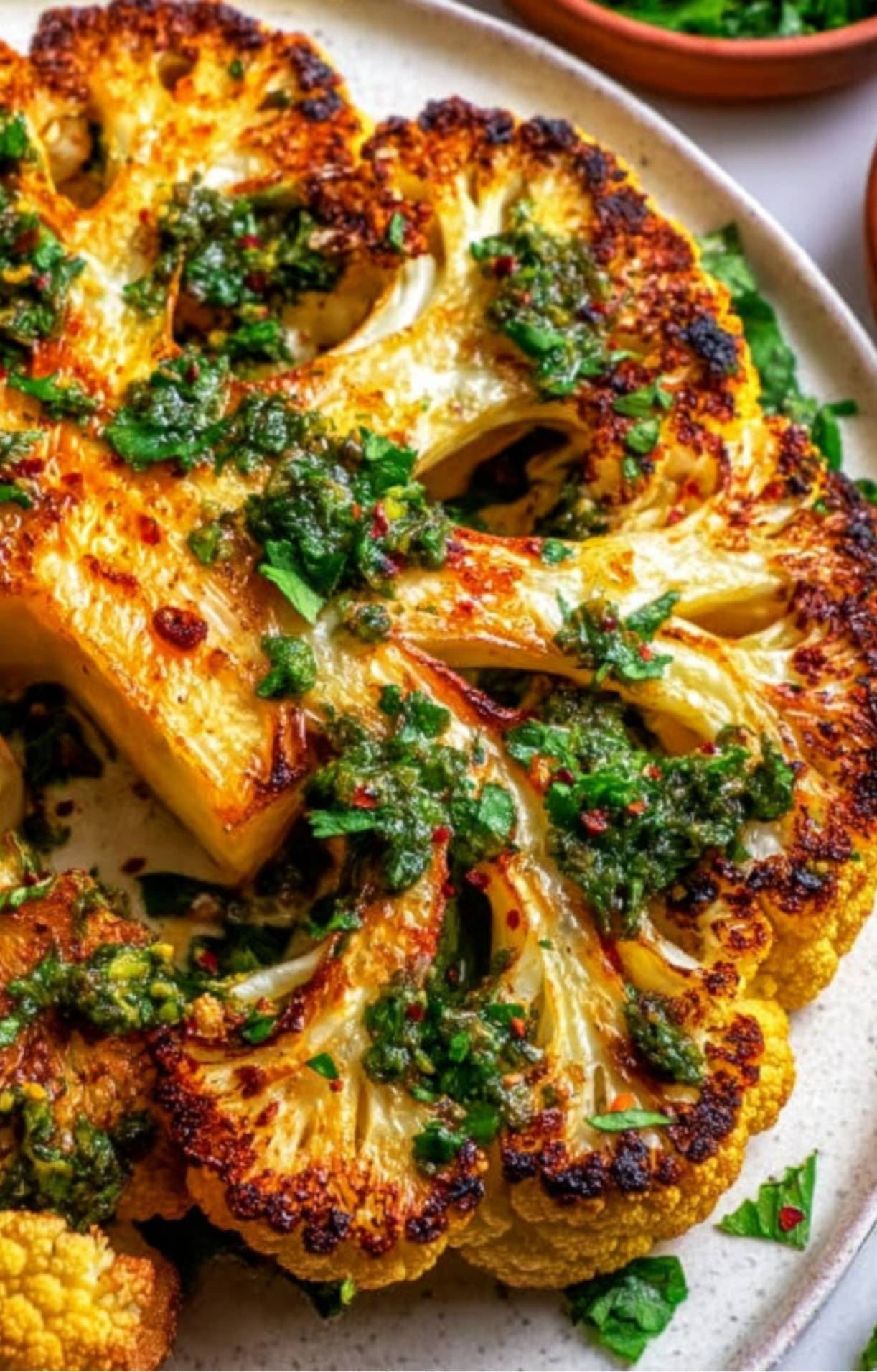 Perfectly roasted cauliflower steak topped with vibrant chimichurri sauce, showing crispy edges and fresh parsley on a white plate.