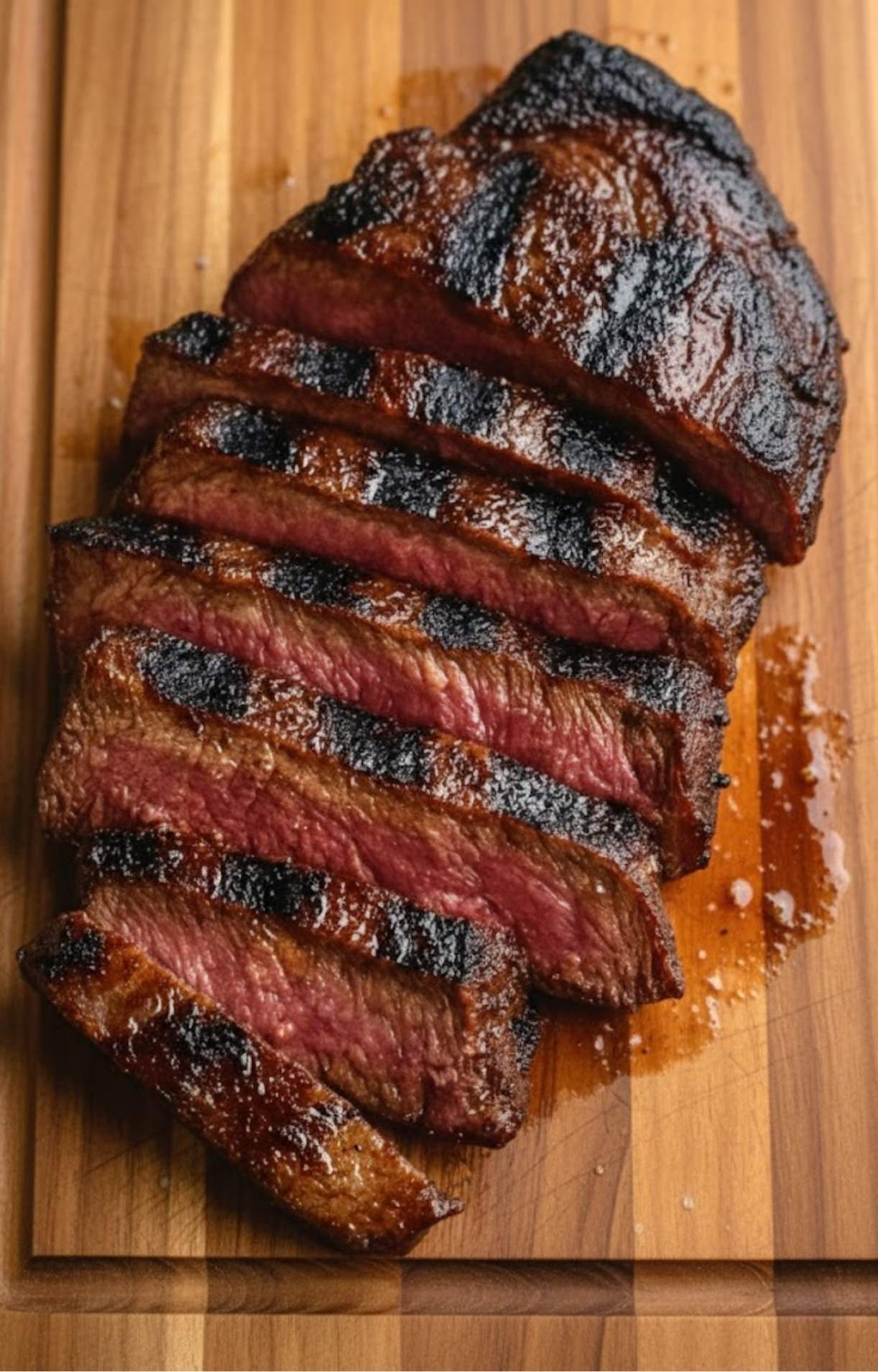 Sliced grilled flank steak with a pink center on a wooden board. Easy steak recipe for BBQ nights and family dinners.