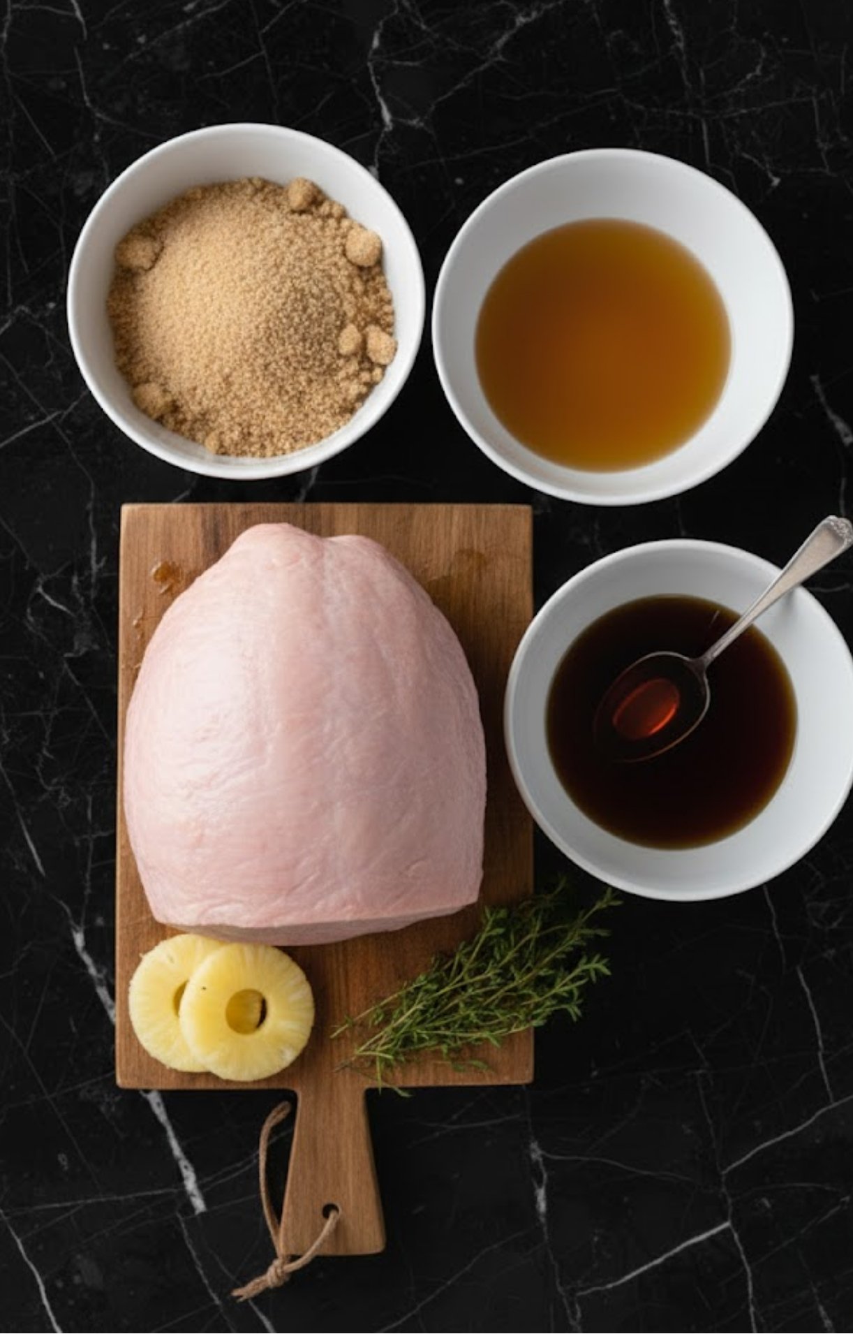 Ham on a wooden board with pineapple rings, fresh herbs, brown sugar, maple syrup, and pineapple juice in bowls.