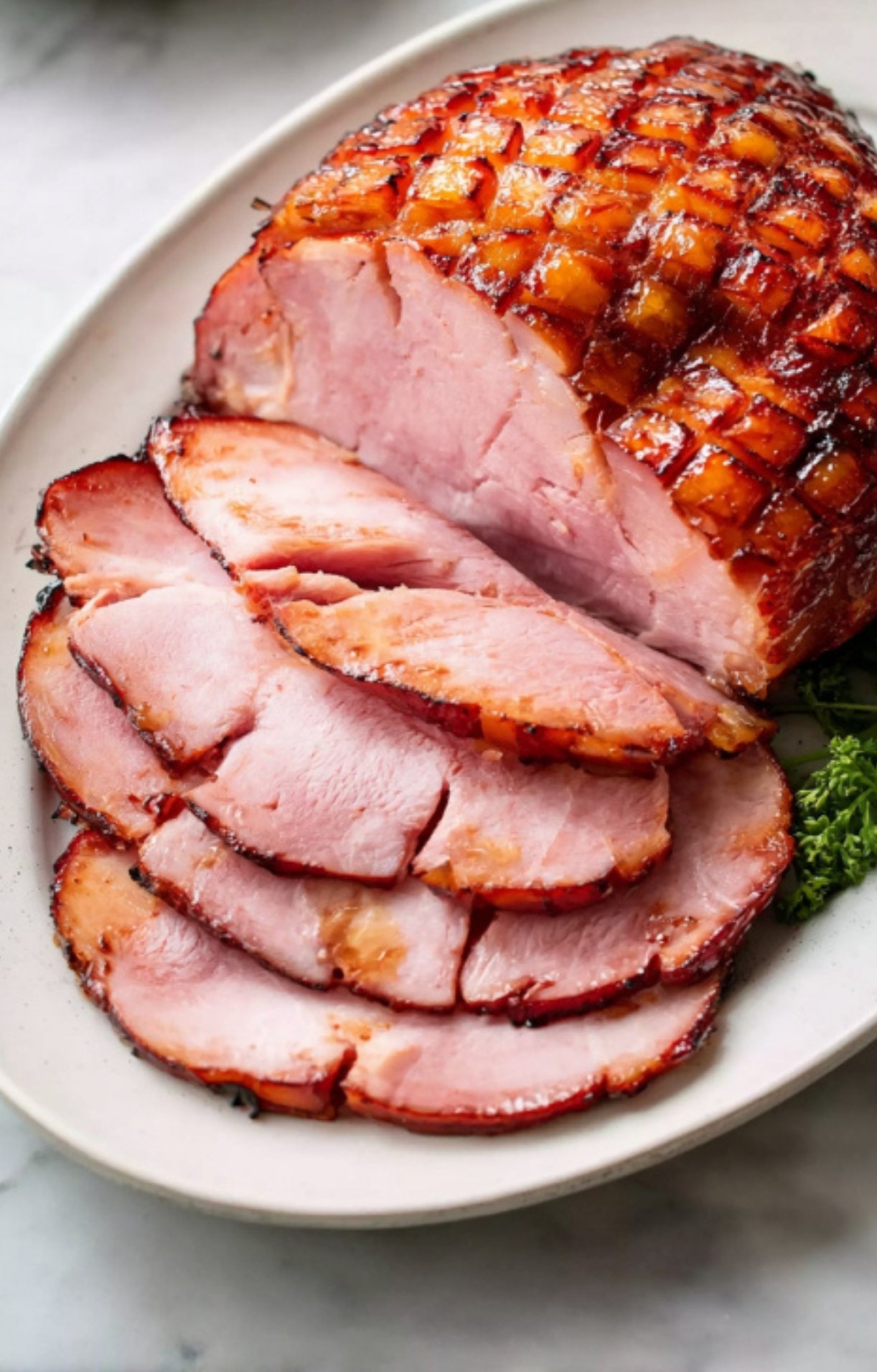 Tender smoked ham slices arranged on serving platter