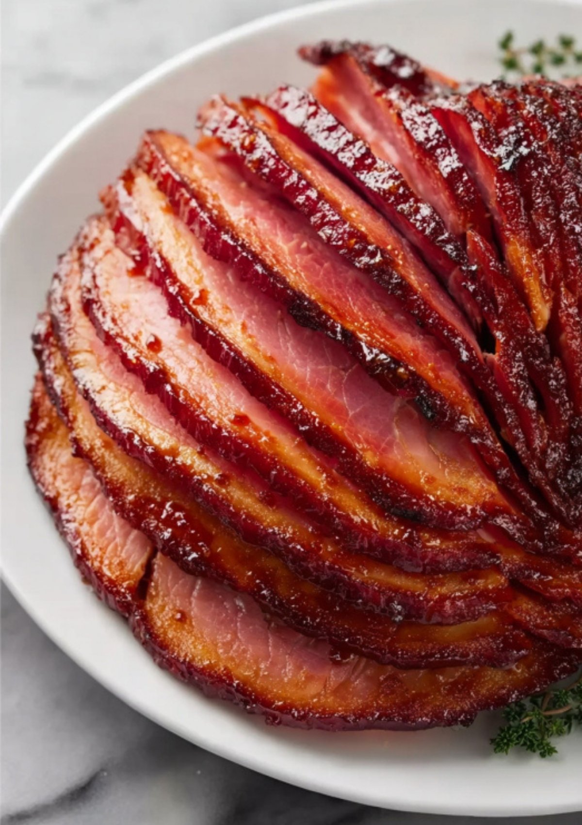 Fully glazed spiral ham on white plate, golden caramelized crust, perfect for celebrations