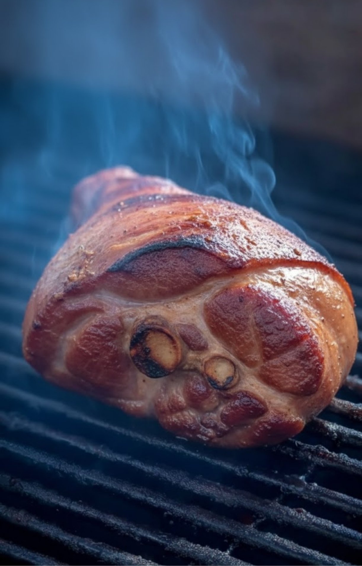A partially cooked ham hock on a grill, showing the skin beginning to crisp and brown under a veil of aromatic smoke.