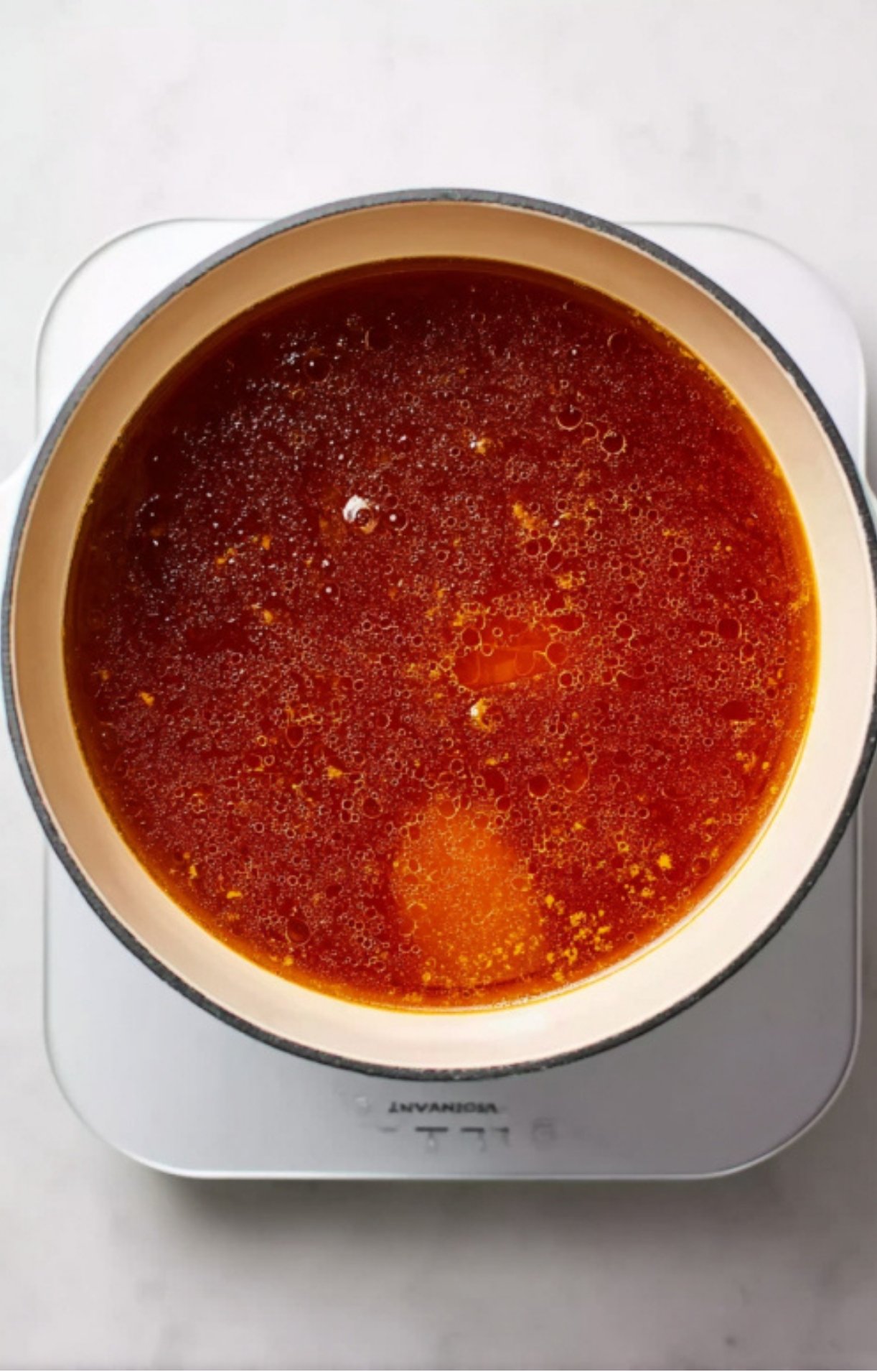 A top-down view of a large pot filled with a deep, rich red-orange birria broth bubbling slightly on the stove.