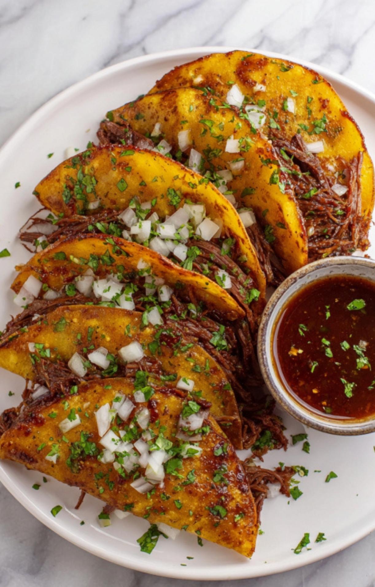 Five neatly arranged beef birria tacos on a white plate, showcasing the juicy shredded meat and fresh herb garnish next to a dipping bowl.