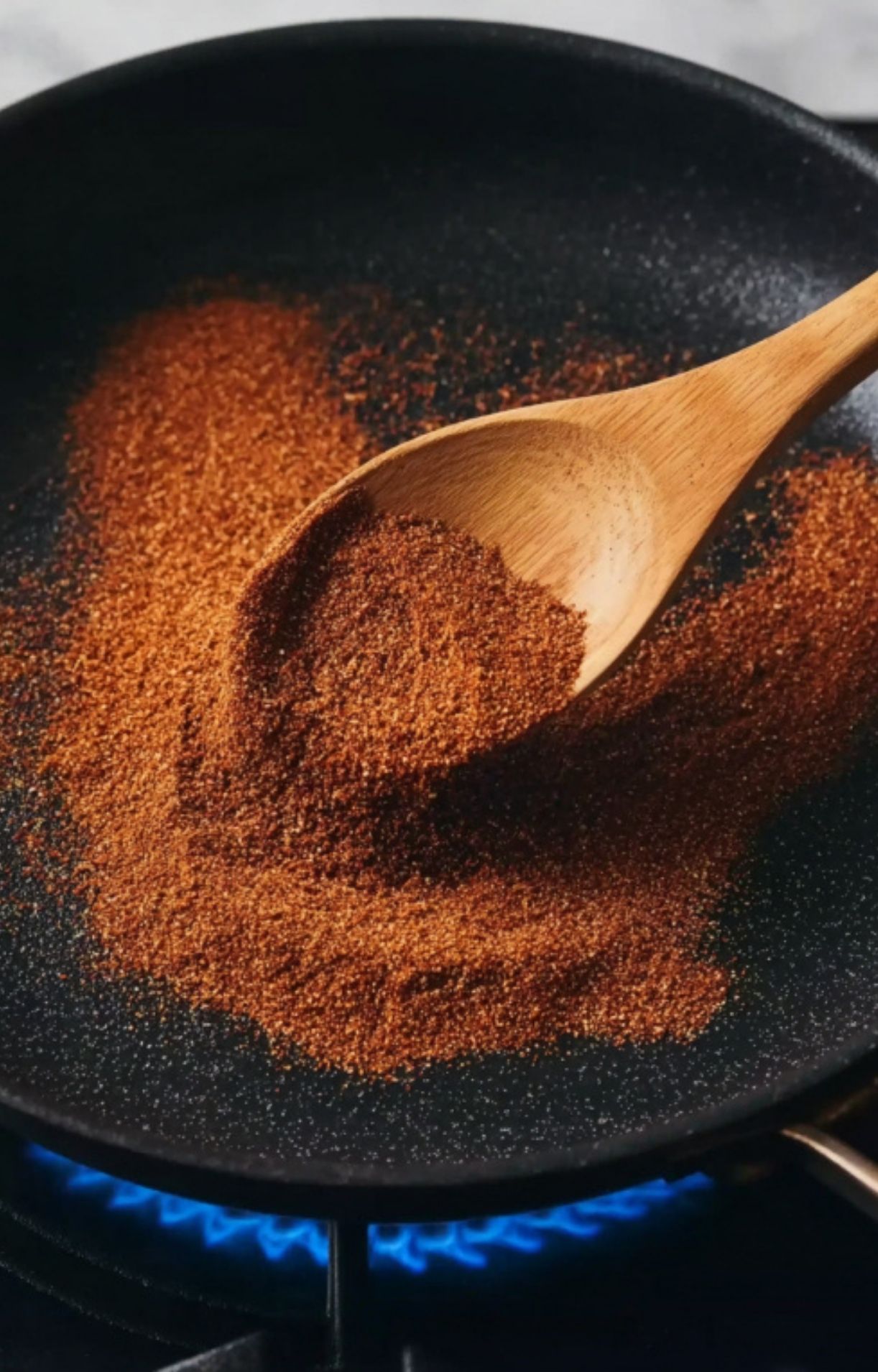 A wooden spoon stirring the reddish-brown spice mixture in a black skillet over a blue gas flame to toast the spices and release their aromatic oils.
