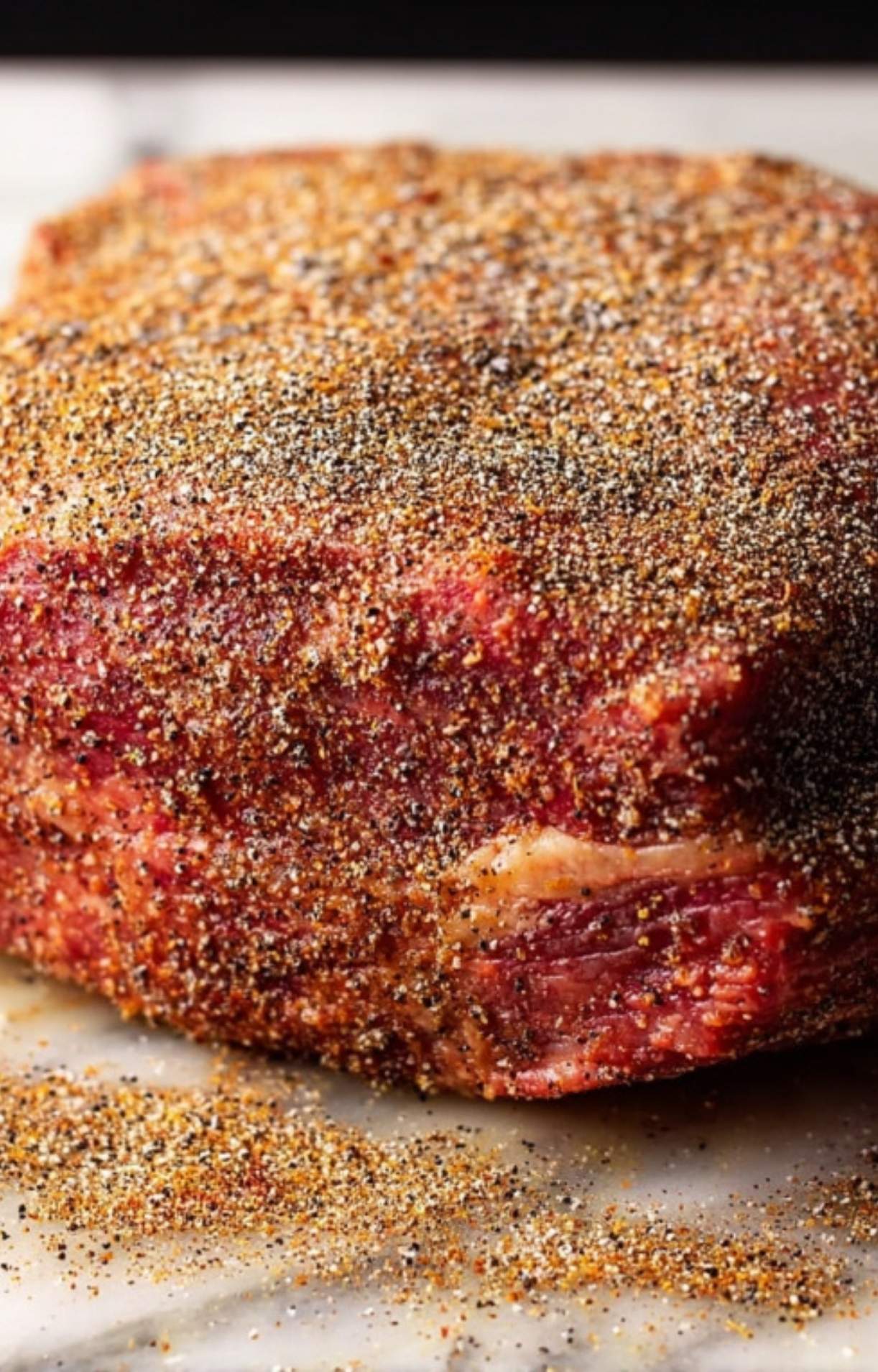 A close-up view of a beef chuck roast completely covered in a thick dry rub of salt and pepper.