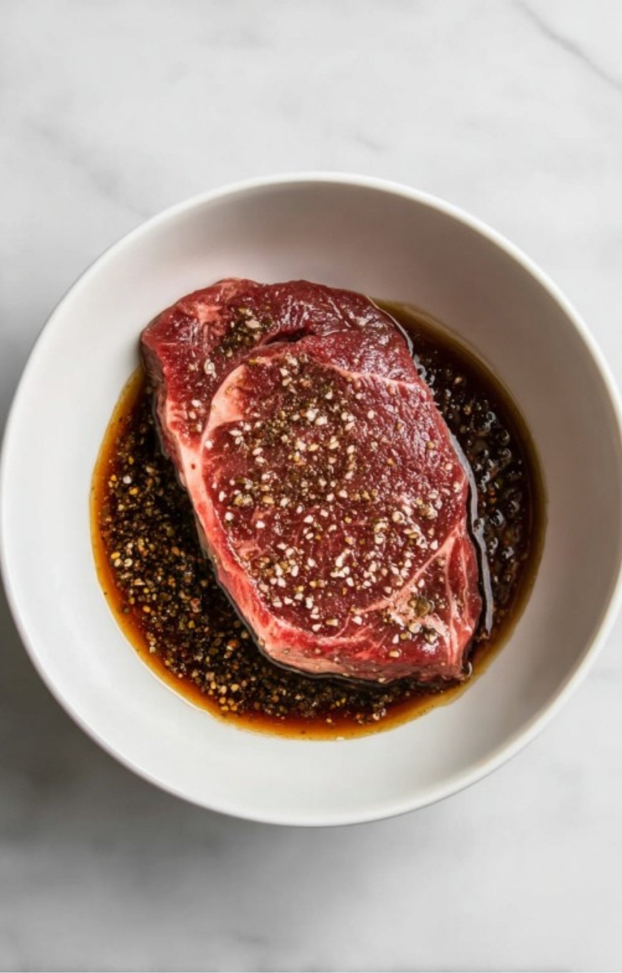 Raw bavette steak sitting in a bowl of marinade, getting ready for grilling.