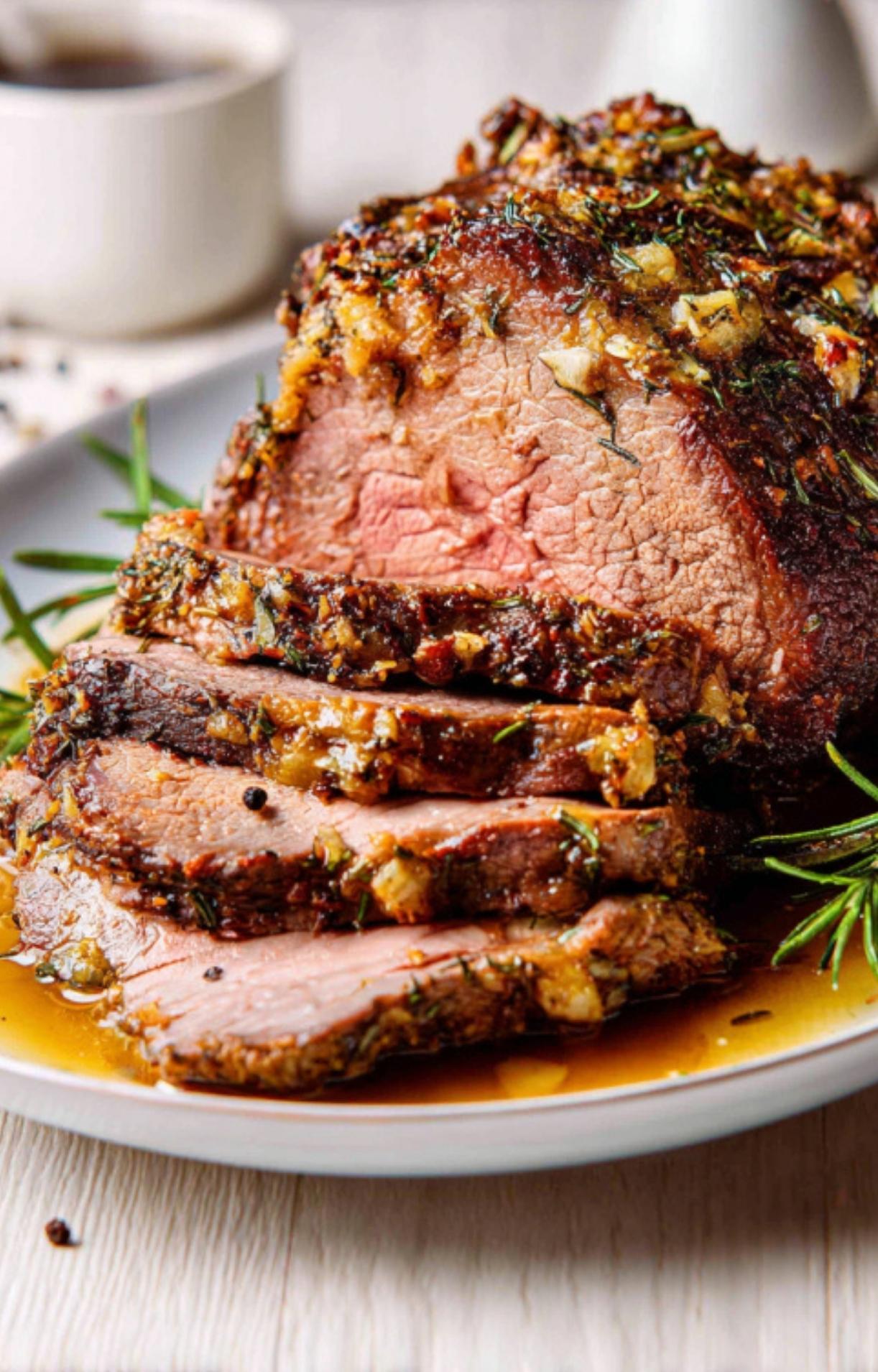 Thick, juicy slices of Chuck Tender Roast plated with fresh rosemary sprigs and a side of savory au jus.
