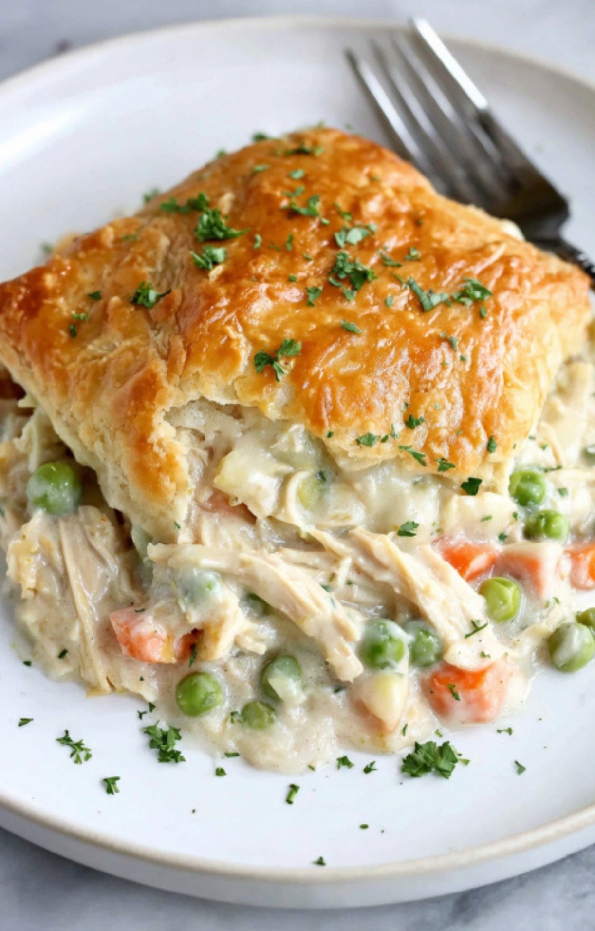 A close-up shot of a hearty serving of Turkey Pot Pie with Crescent Rolls on a plate, garnished with parsley and showing the creamy filling.