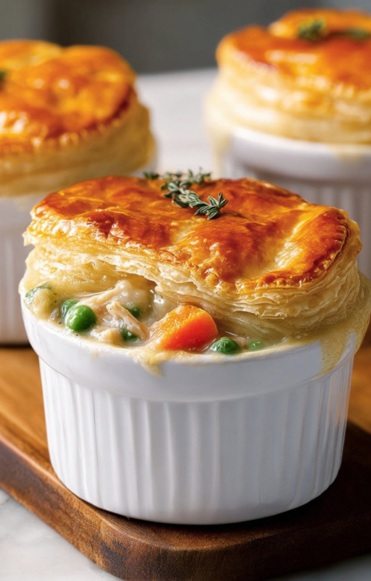 A close-up of a finished Mini Turkey Pot Pie in a white ramekin with a flaky, golden-brown puff pastry crust and a sprig of fresh thyme on top.