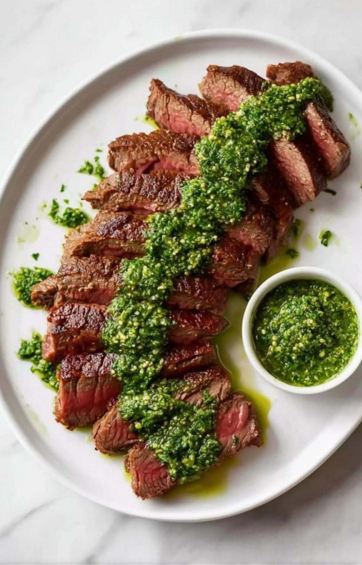 Sliced tri tip steak topped with bright green chimichurri sauce on a white platter, ready to serve.