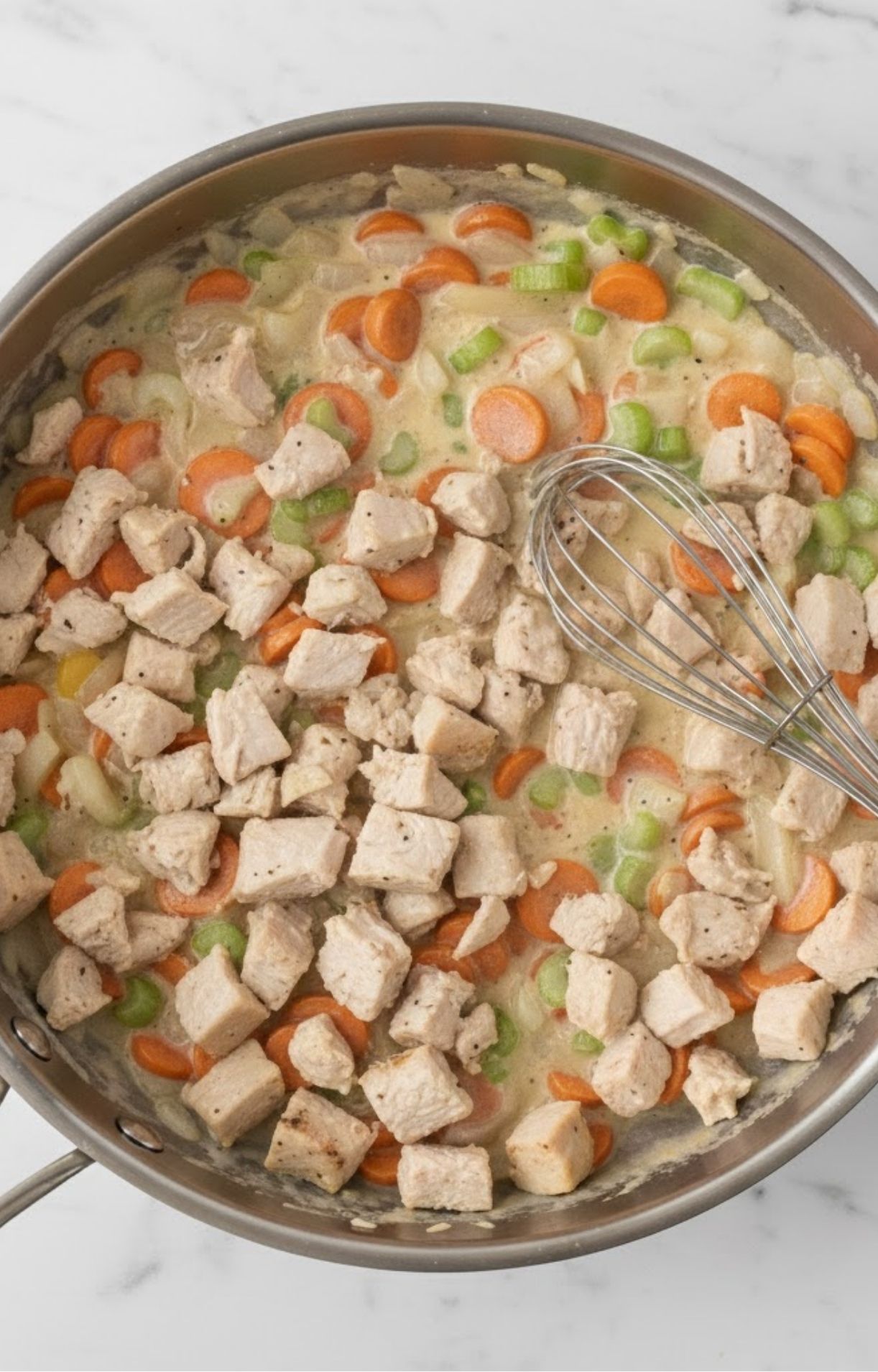 Cubed pieces of cooked turkey being folded into a creamy vegetable sauce in a skillet for a hearty keto turkey pot pie.
