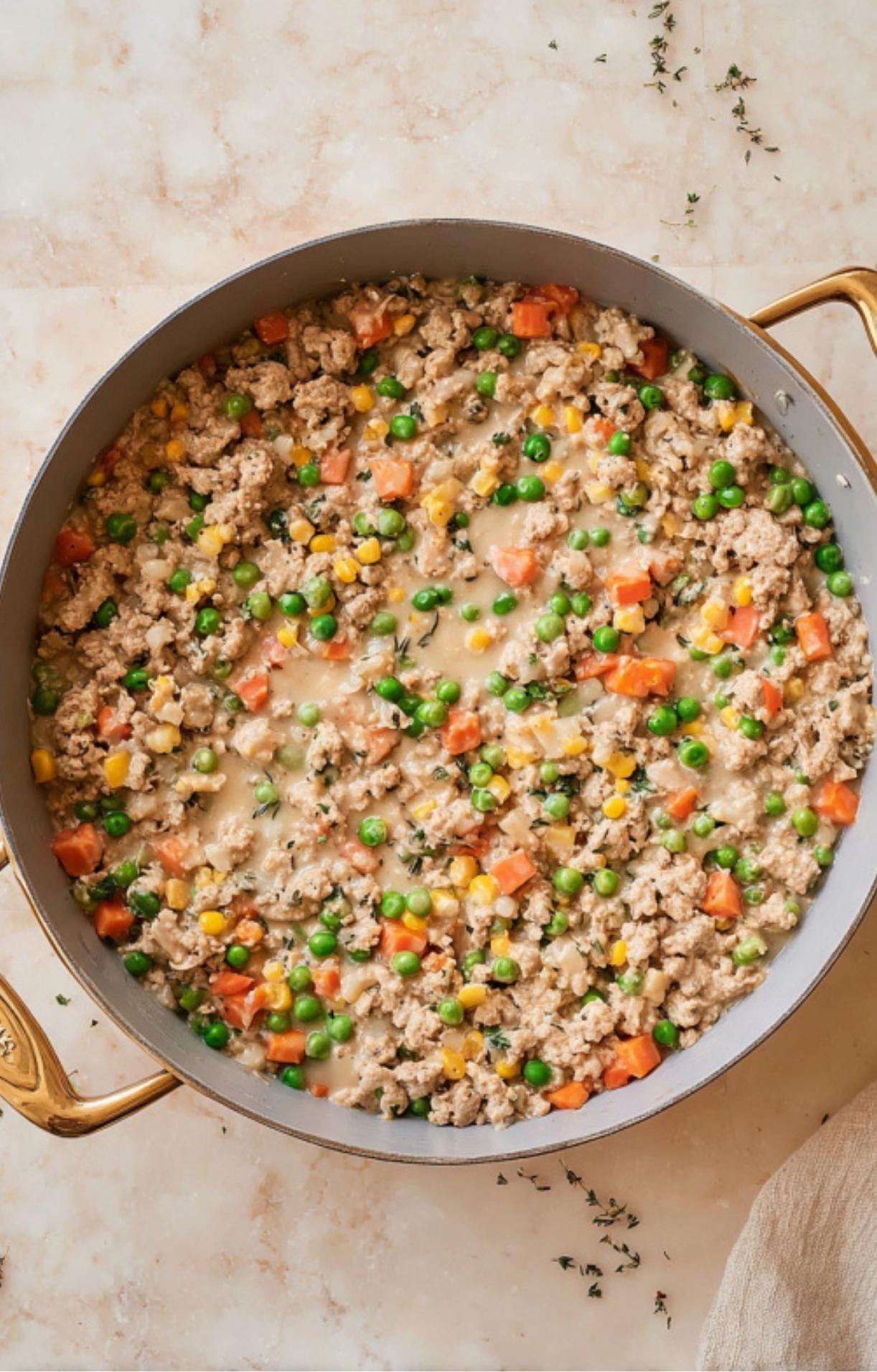 The skillet filled with the browned turkey mixed with peas, carrots, corn, and a creamy white sauce, seasoned with fresh herbs.
